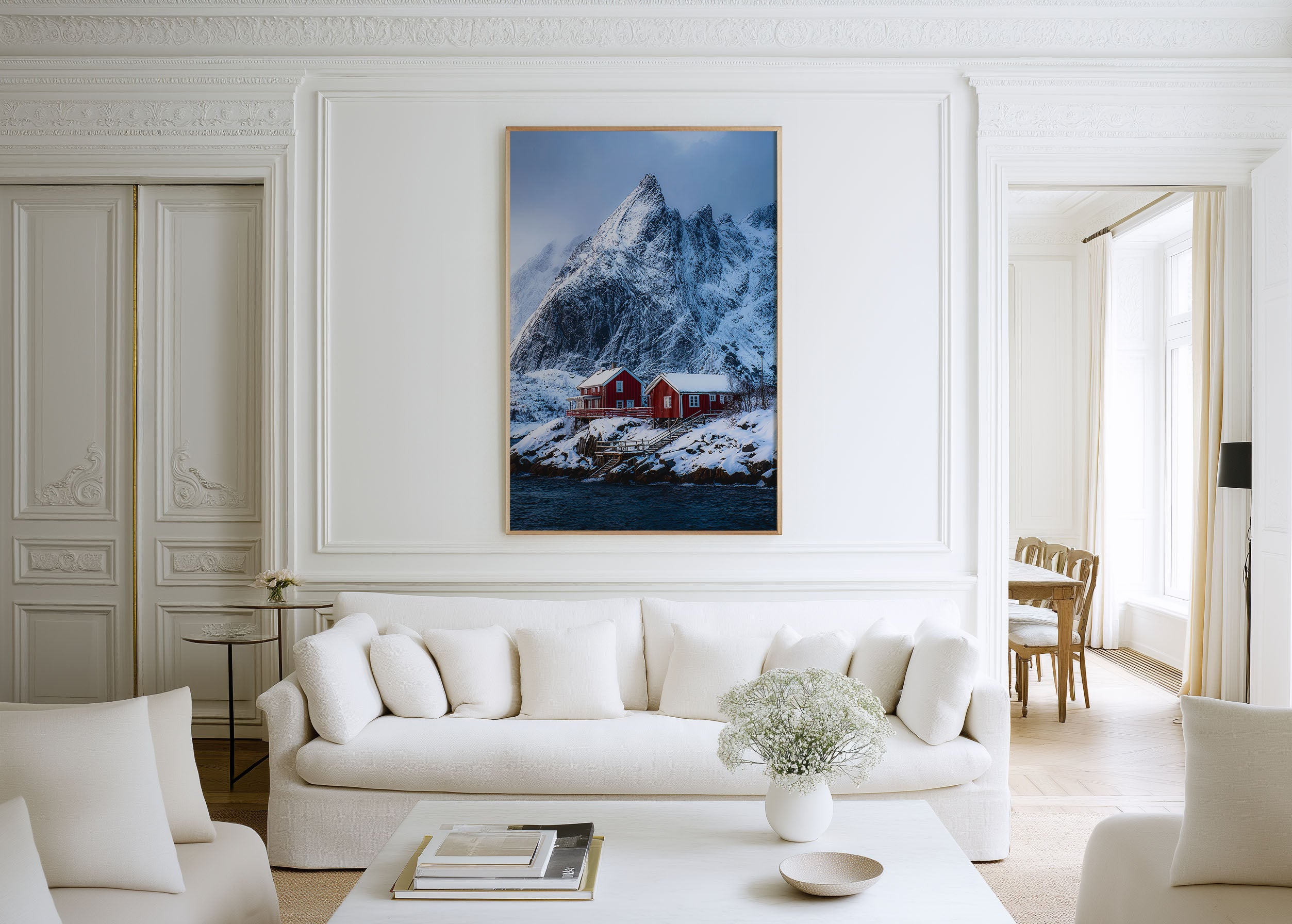 Red Cabins Lofoten Islands Winter Fjord Wall Art Print | Norway Arctic Mountain Photography Poster | Scandinavian Nordic Decor