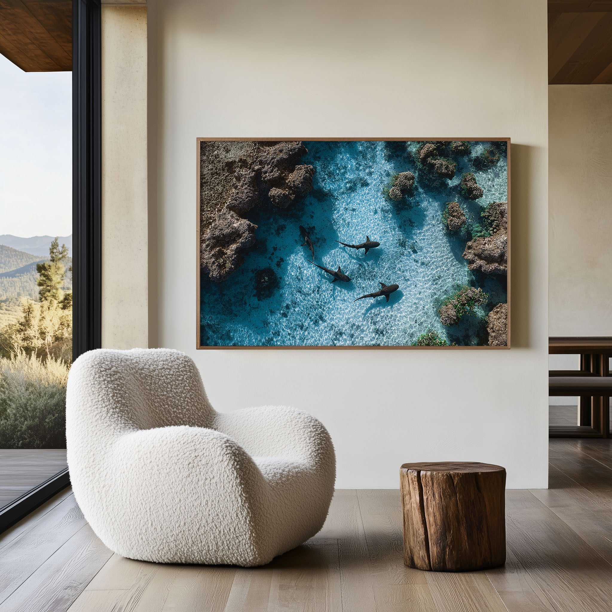 Reef Sharks Wall Art Print – Aerial Coastal Ocean Canvas