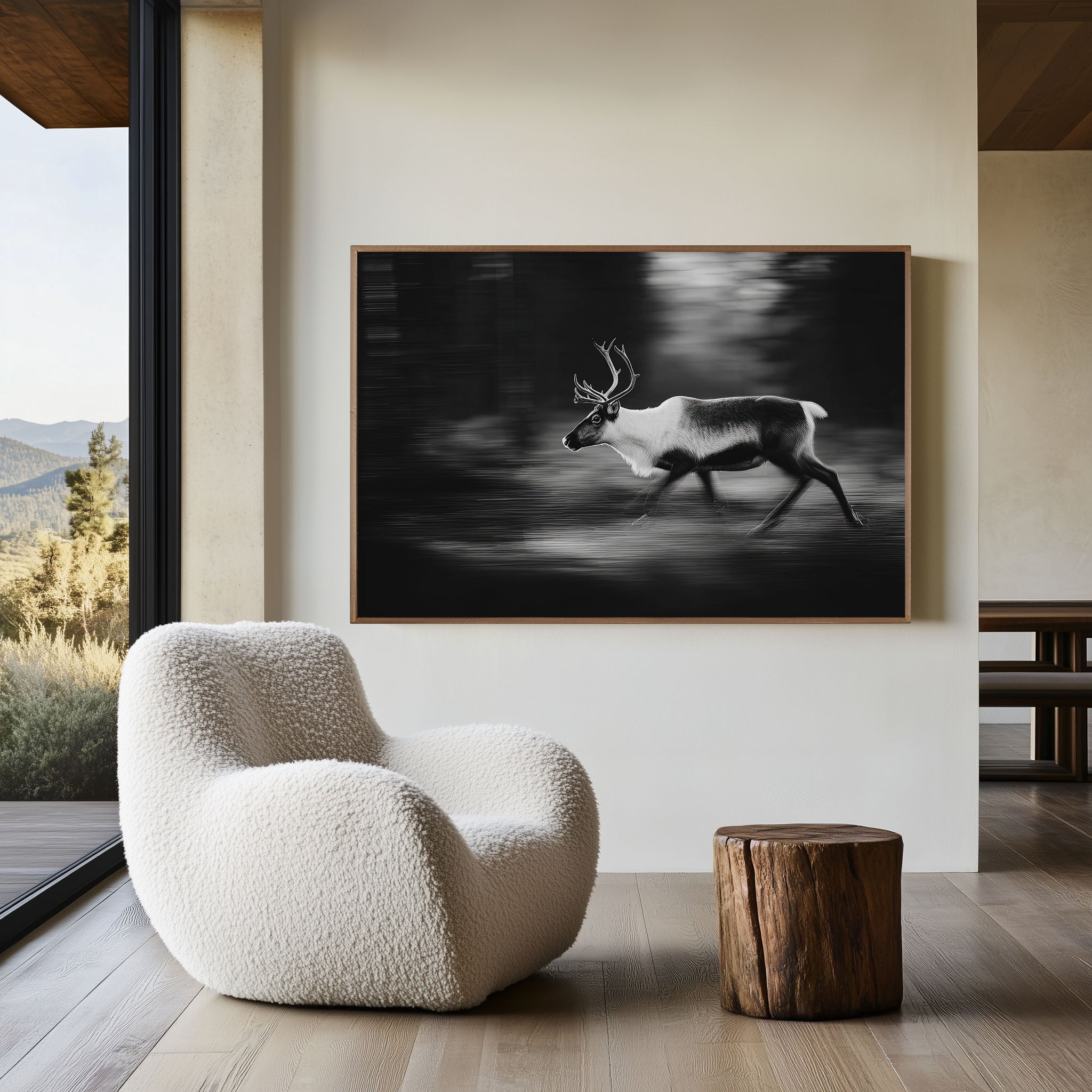Reindeer in Motion Black & White Wildlife Wall Art