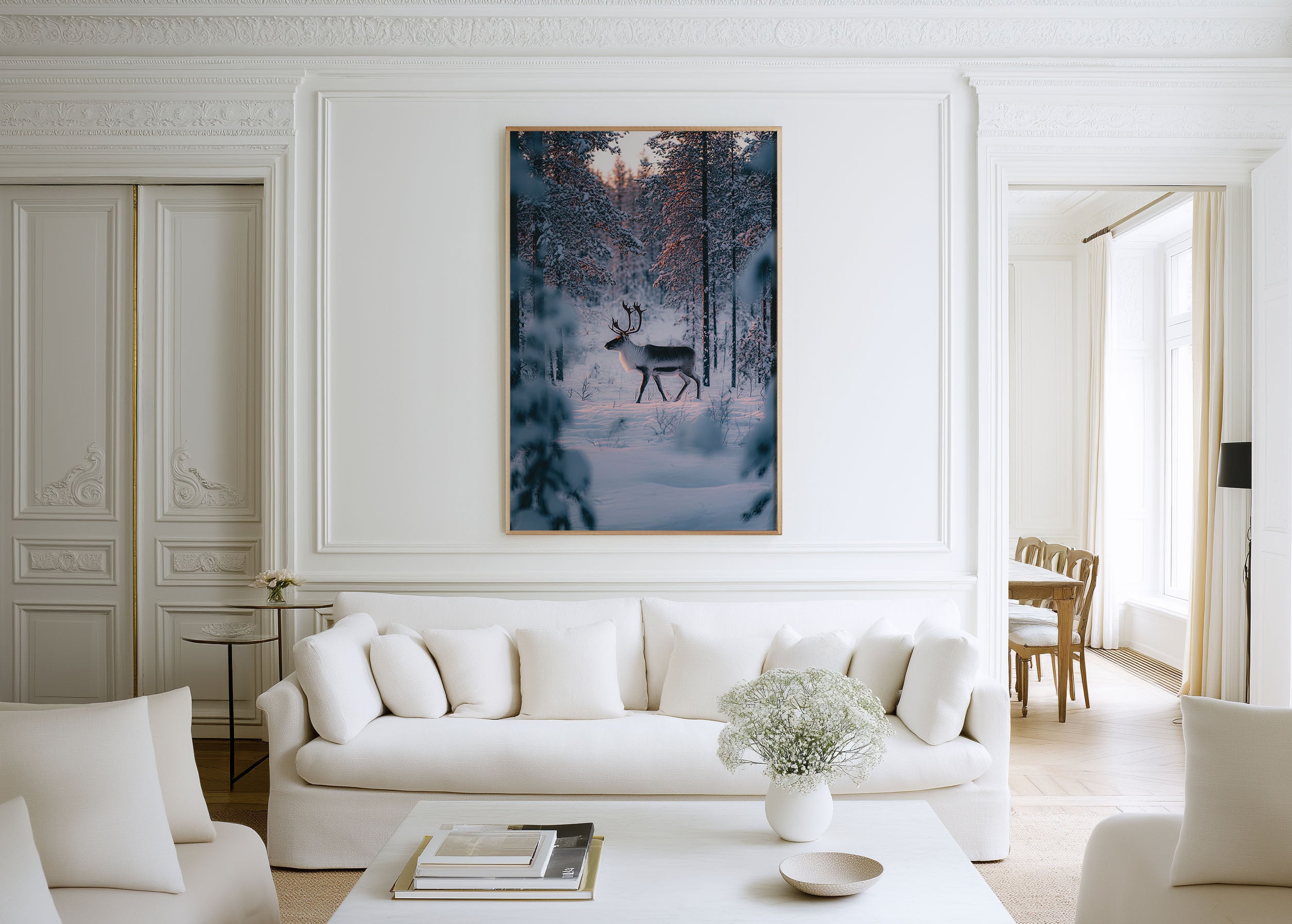 Reindeer Walking Through Snowy Pine Forest Lapland Finland Wall Art Print | Arctic Wildlife Photography Poster | Winter Nordic Nature Decor