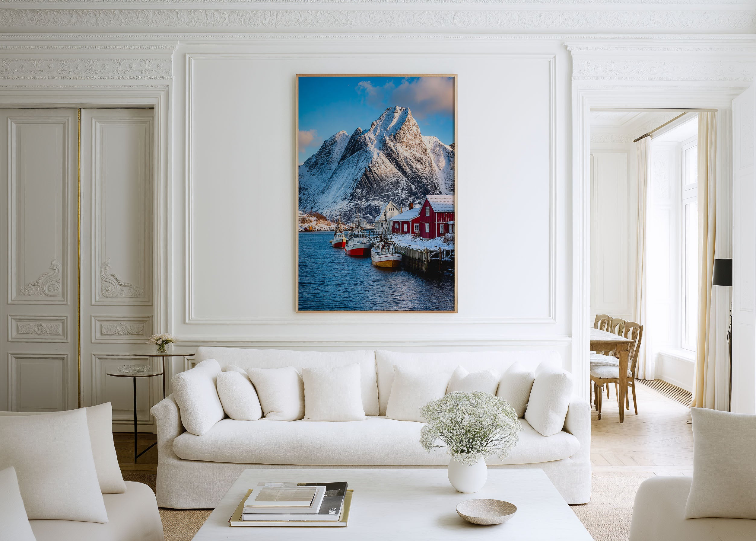 Reine Lofoten Red Fishing Village Winter Snow Mountain Wall Art Print | Norway Arctic Photography | Scandinavian Home Decor
