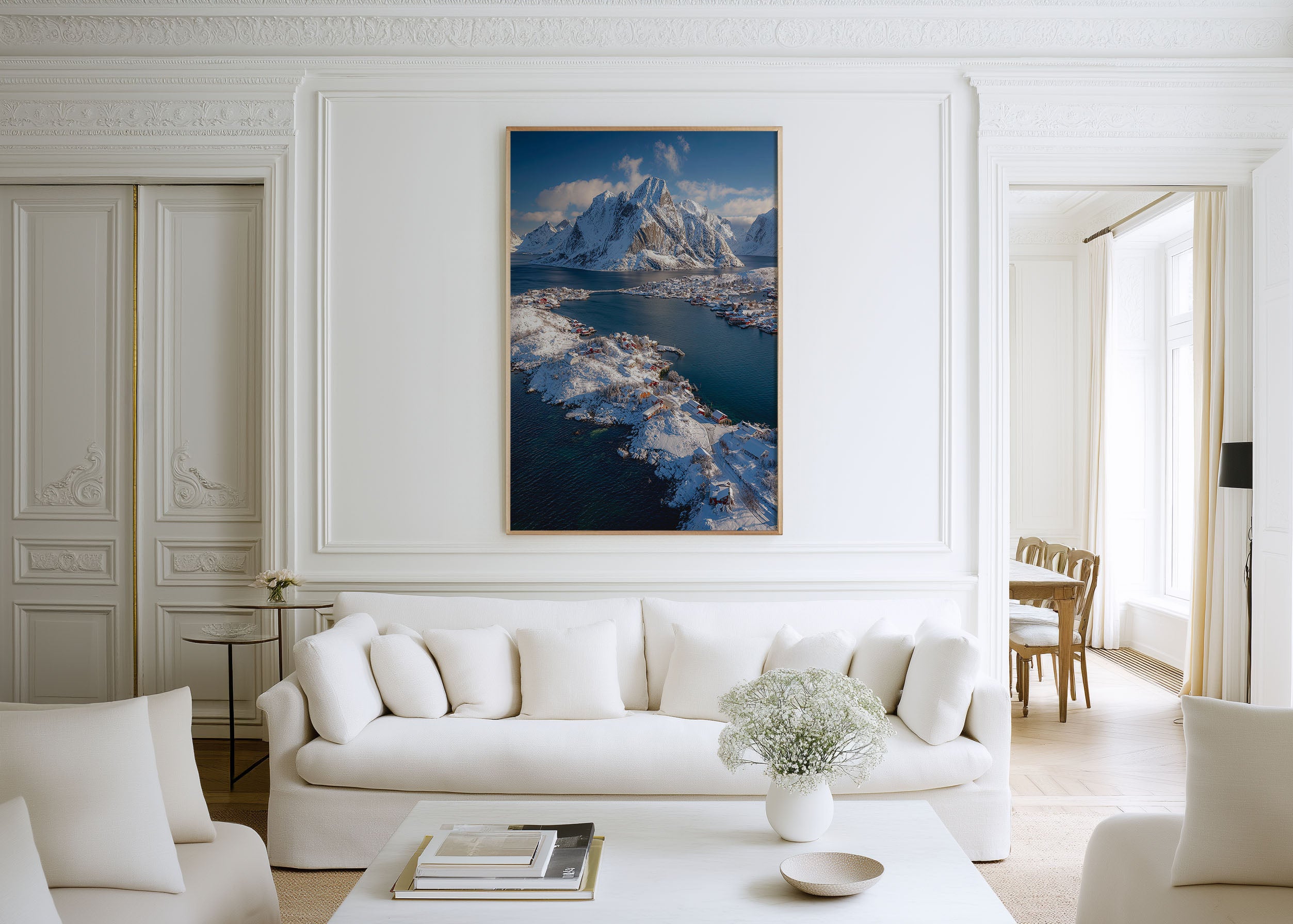Reine Lofoten Islands Aerial Wall Art Print | Norway Winter Snow Photography | Arctic Fishing Village Mountain Poster
