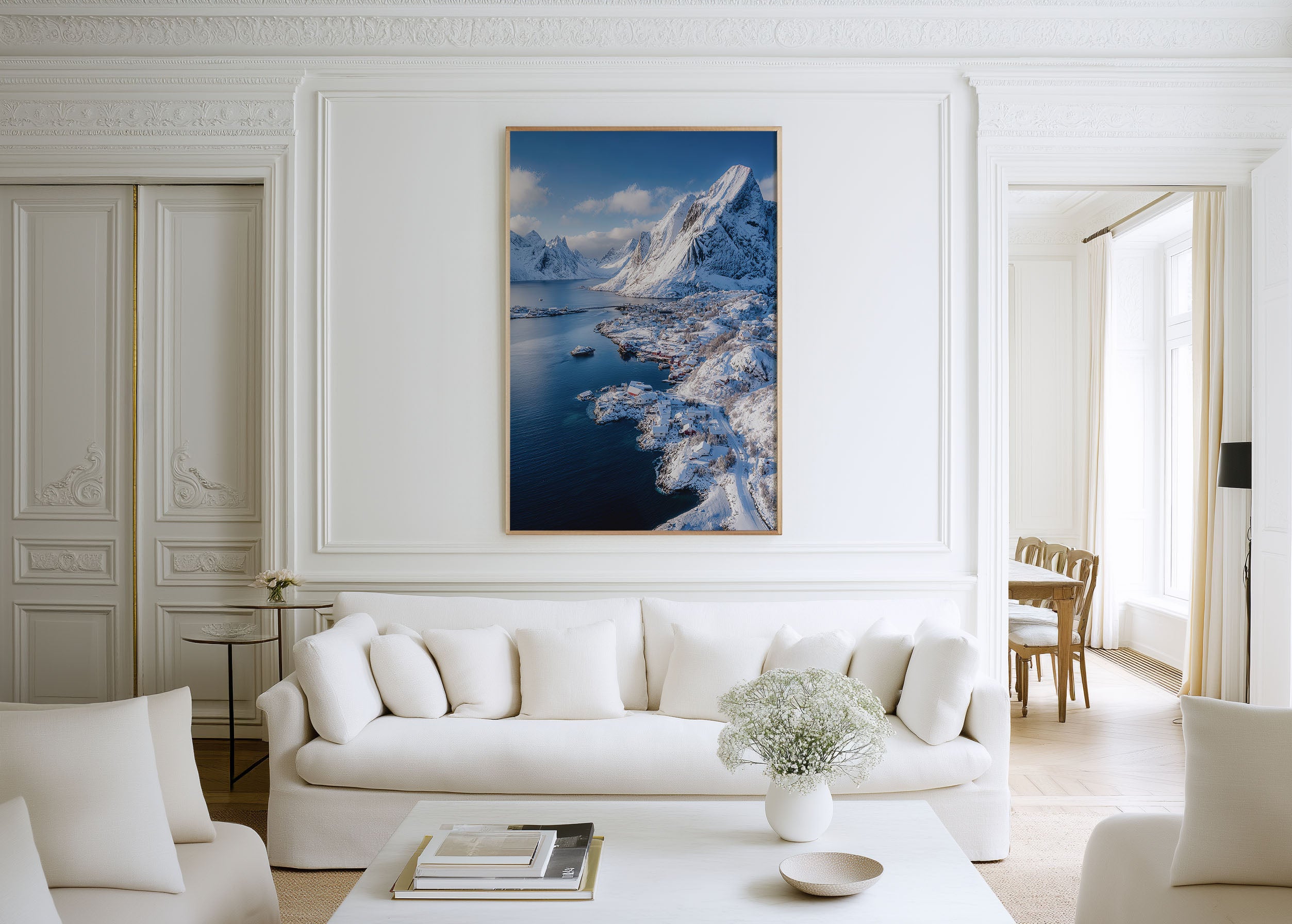 Reine Lofoten Islands Winter Fjord Wall Art Print | Norway Arctic Village Photography | Snow Mountain Coastal Poster