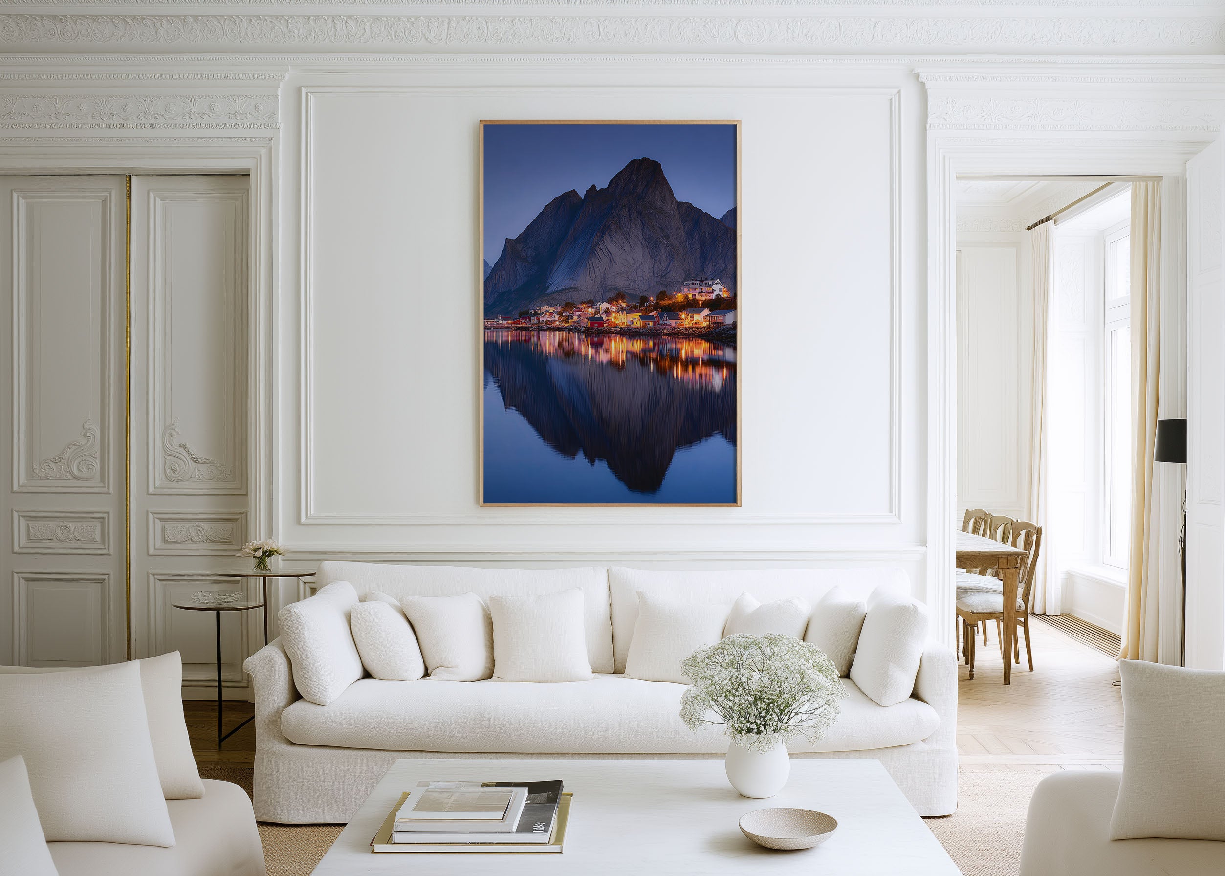 Reine Village Blue Hour Glowing Lights Reflection Wall Art Print | Lofoten Norway Night Photography | Scandinavian Home Decor