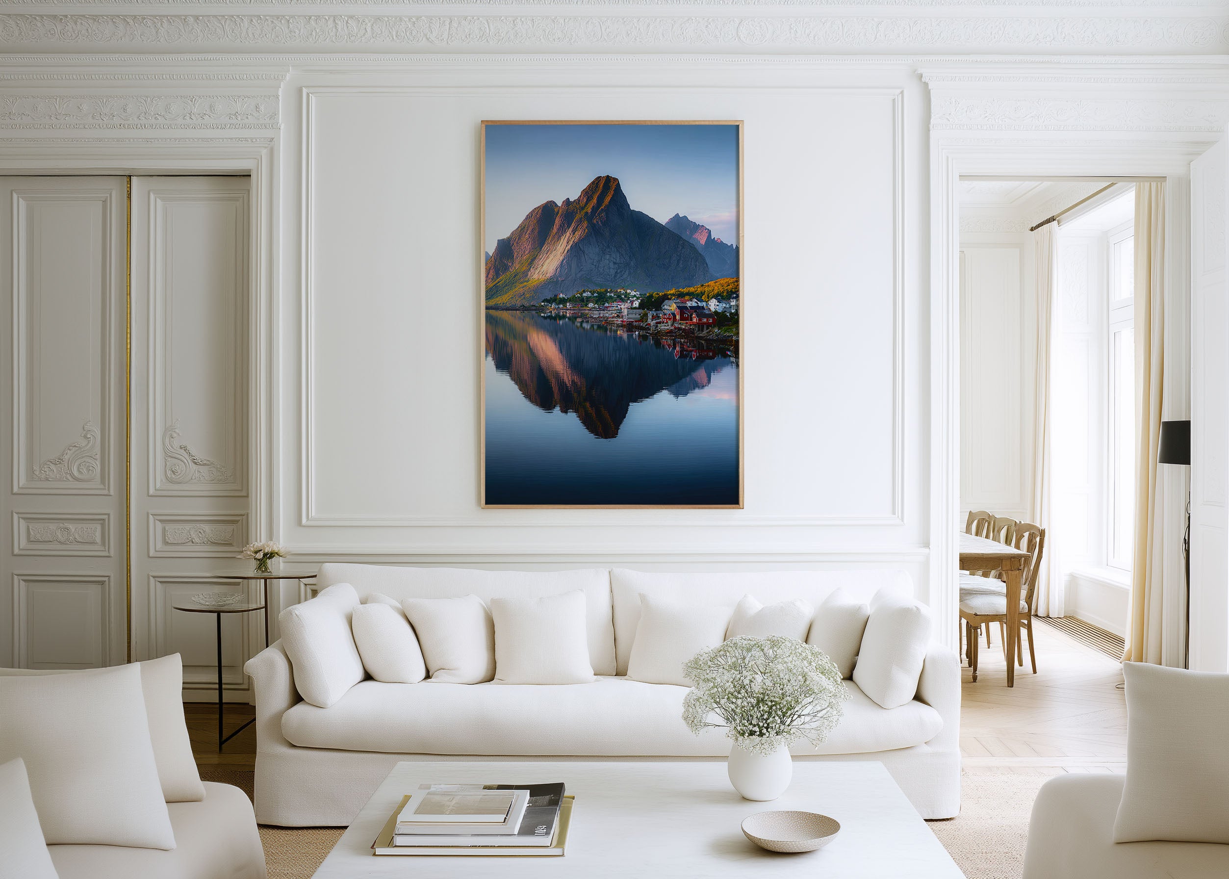 Reine Village Golden Sunrise Calm Water Reflection Wall Art Print | Lofoten Norway Autumn Photography | Scandinavian Home Decor