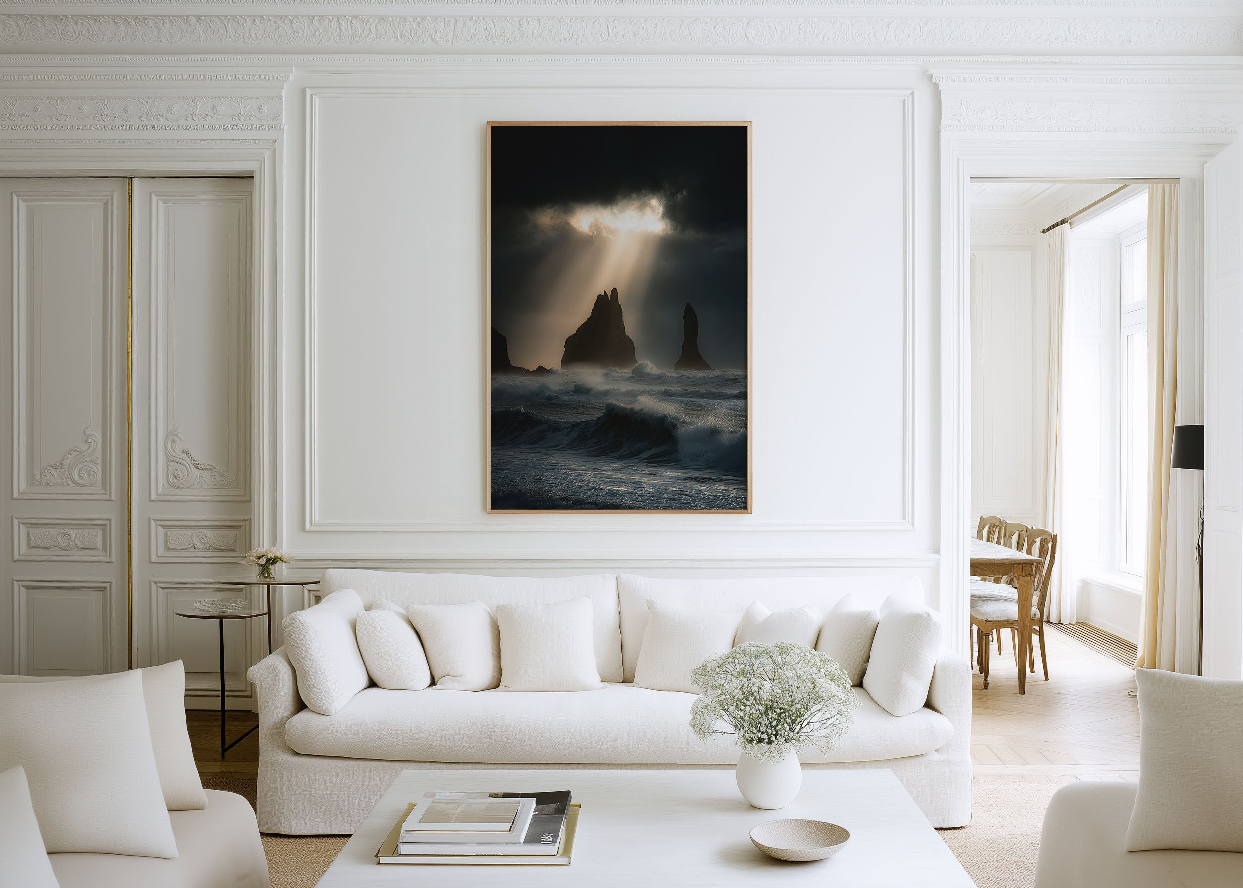 Reynisdrangar God Rays Storm Wall Art Print | Vík Iceland Sea Stack Photography | Divine Light Black Beach Seascape Poster