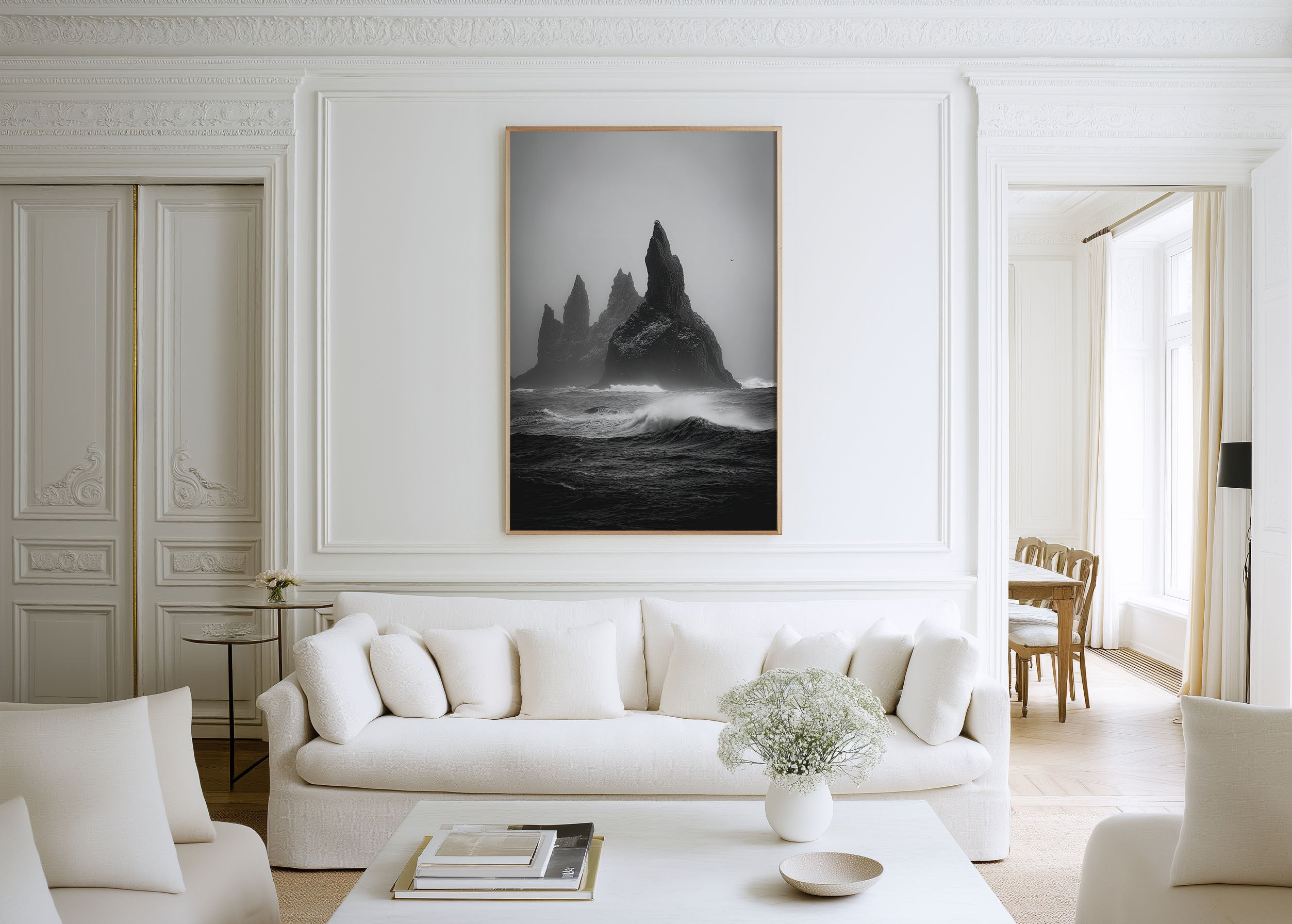 Reynisdrangar Sea Stacks Iceland Print | Black and White Coastal Wall Art | Moody Ocean Photography