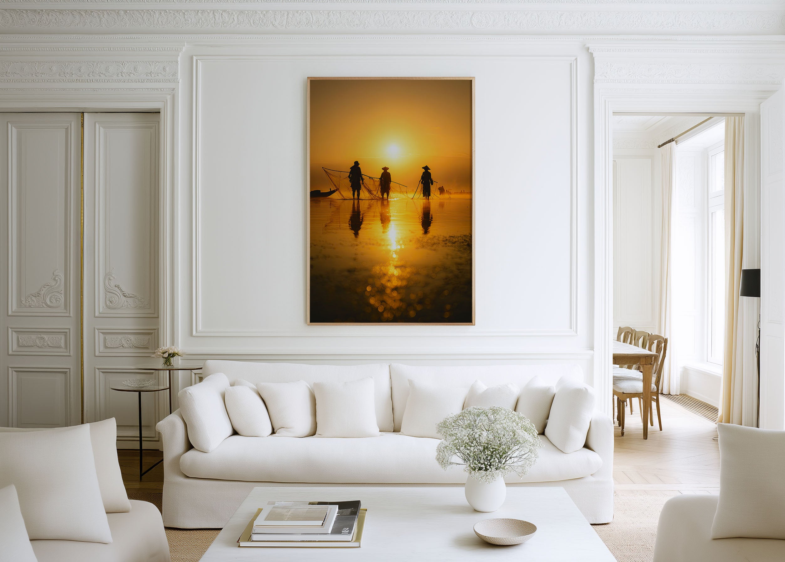 Southeast Asian Fishermen Sunset Print | Golden River Fishing Wall Art | Traditional Fishermen Silhouette Photography Poster