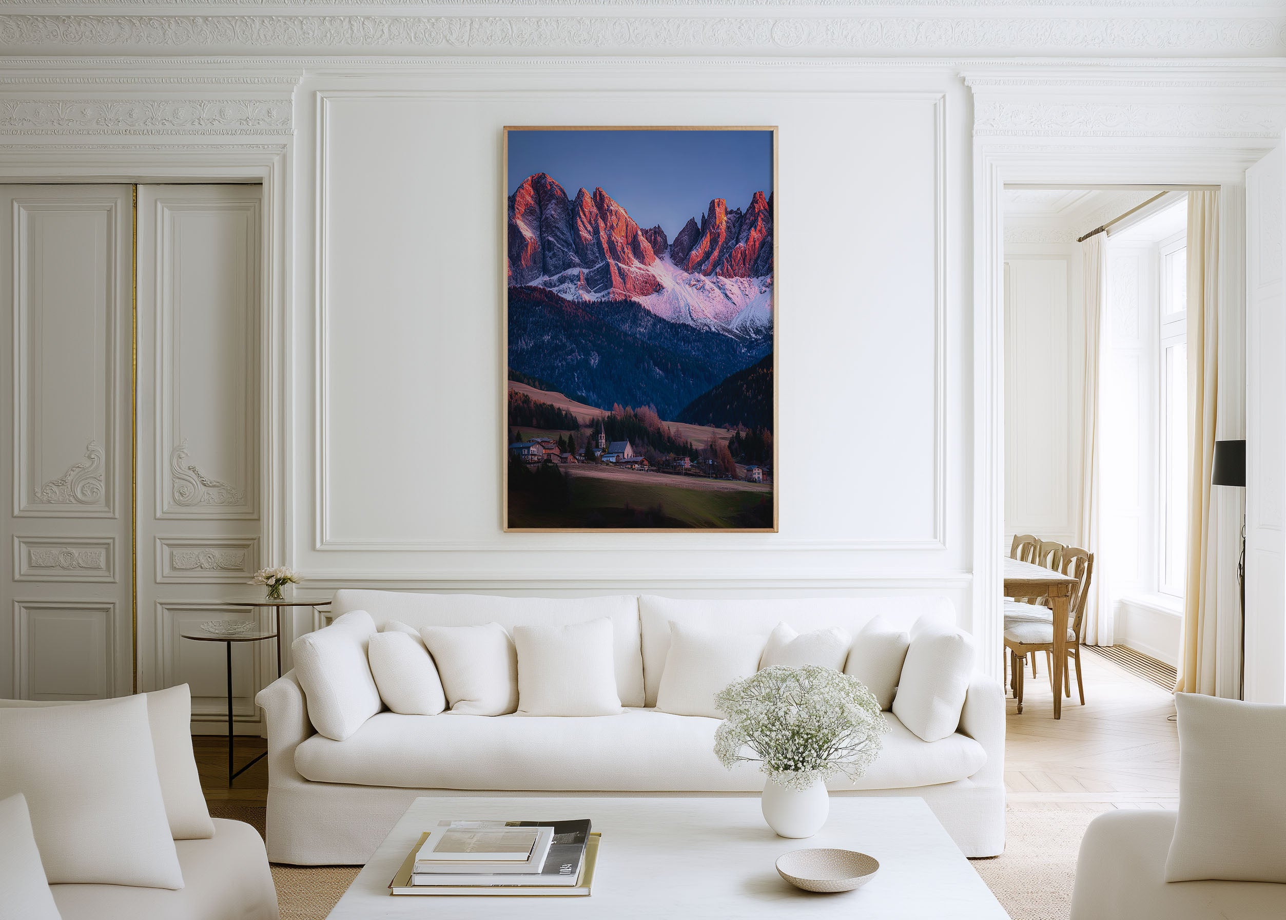Santa Maddalena Winter Alpenglow Print | Dolomites Odle Peaks Wall Art | Val di Funes Autumn Photography