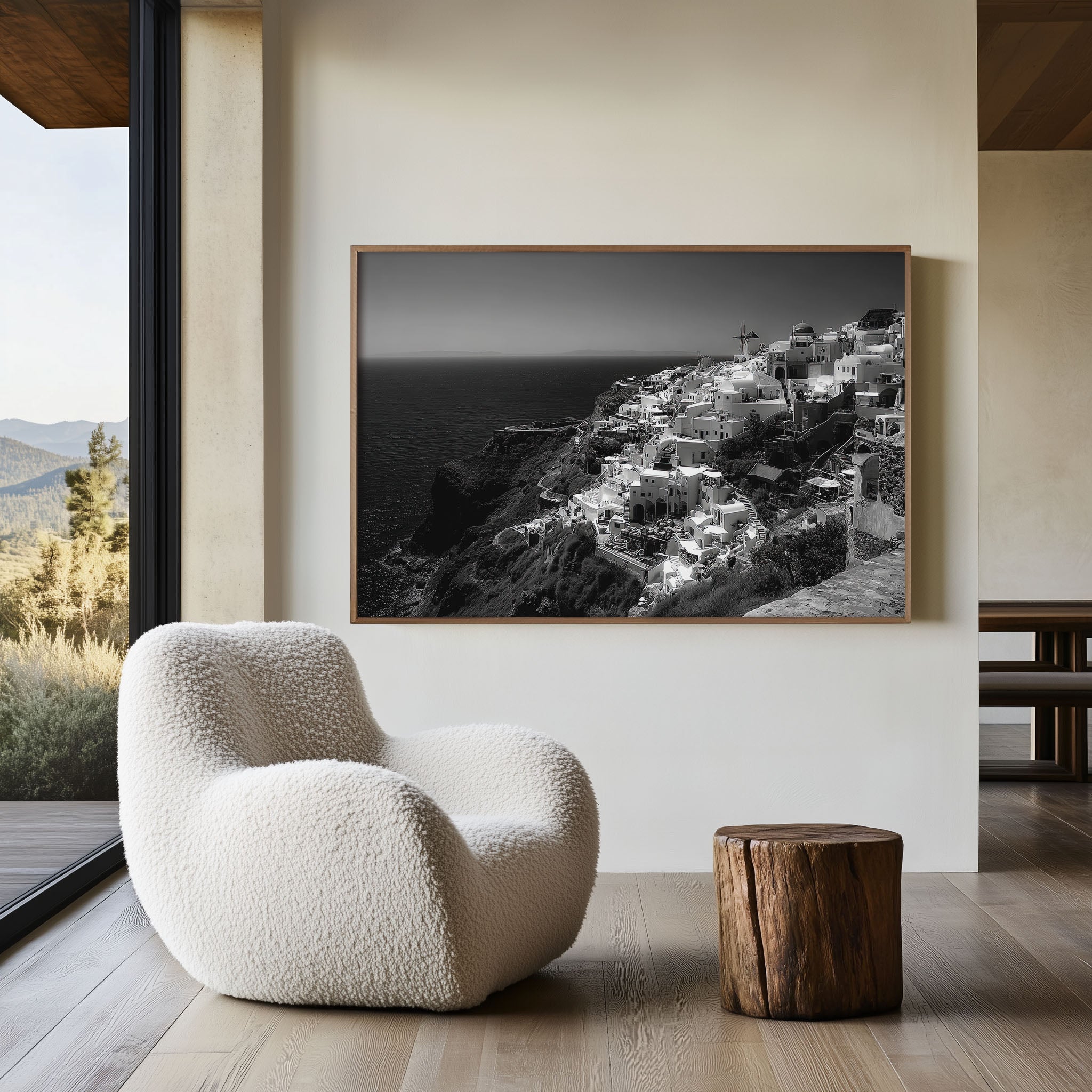 Santorini Wall Art Print – Black and White Greece Coastal Photography