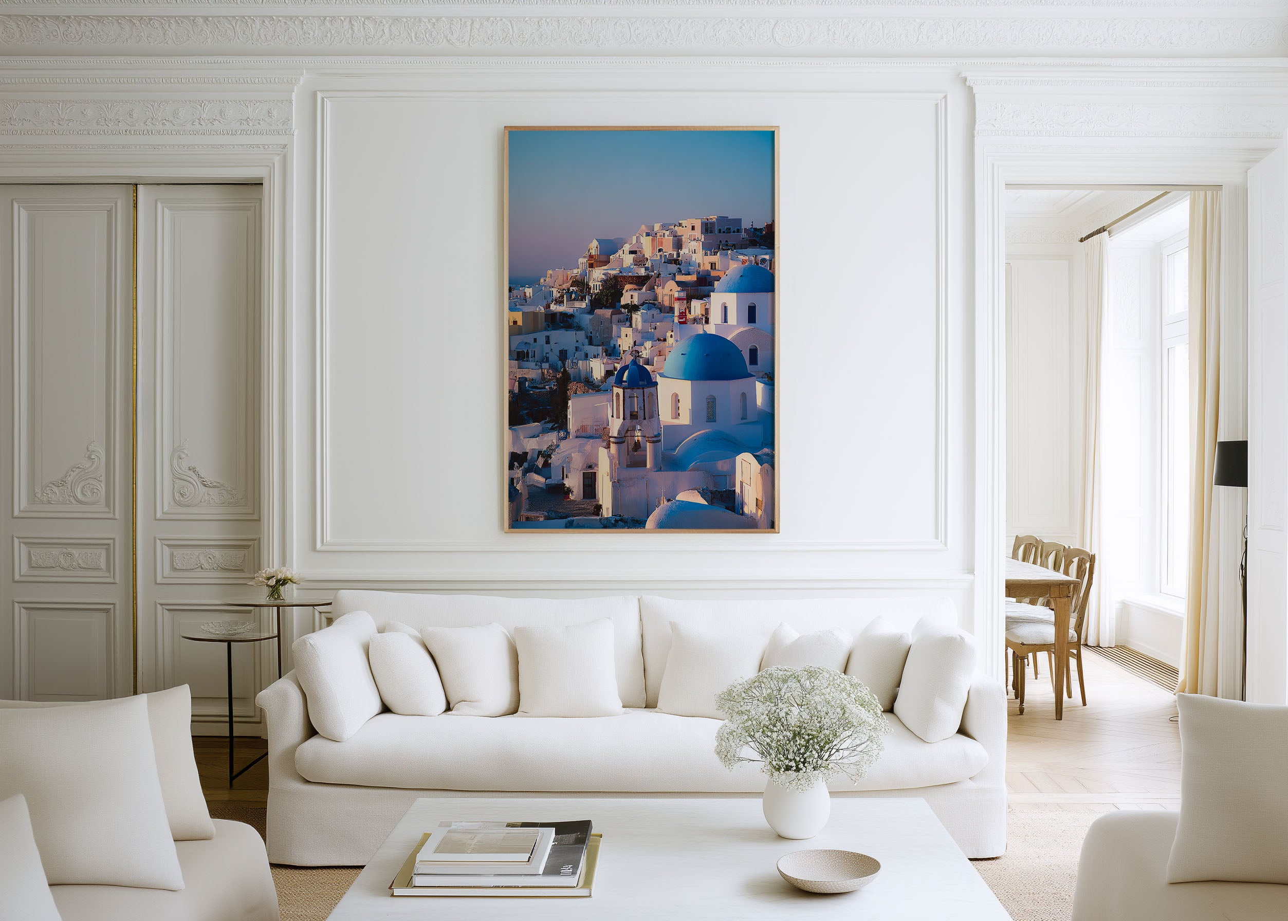 Santorini Blue Domes Wall Art Print | Oia Greece Orthodox Church Sunset Photography | Greek Islands Travel Poster | Mediterranean Home Decor