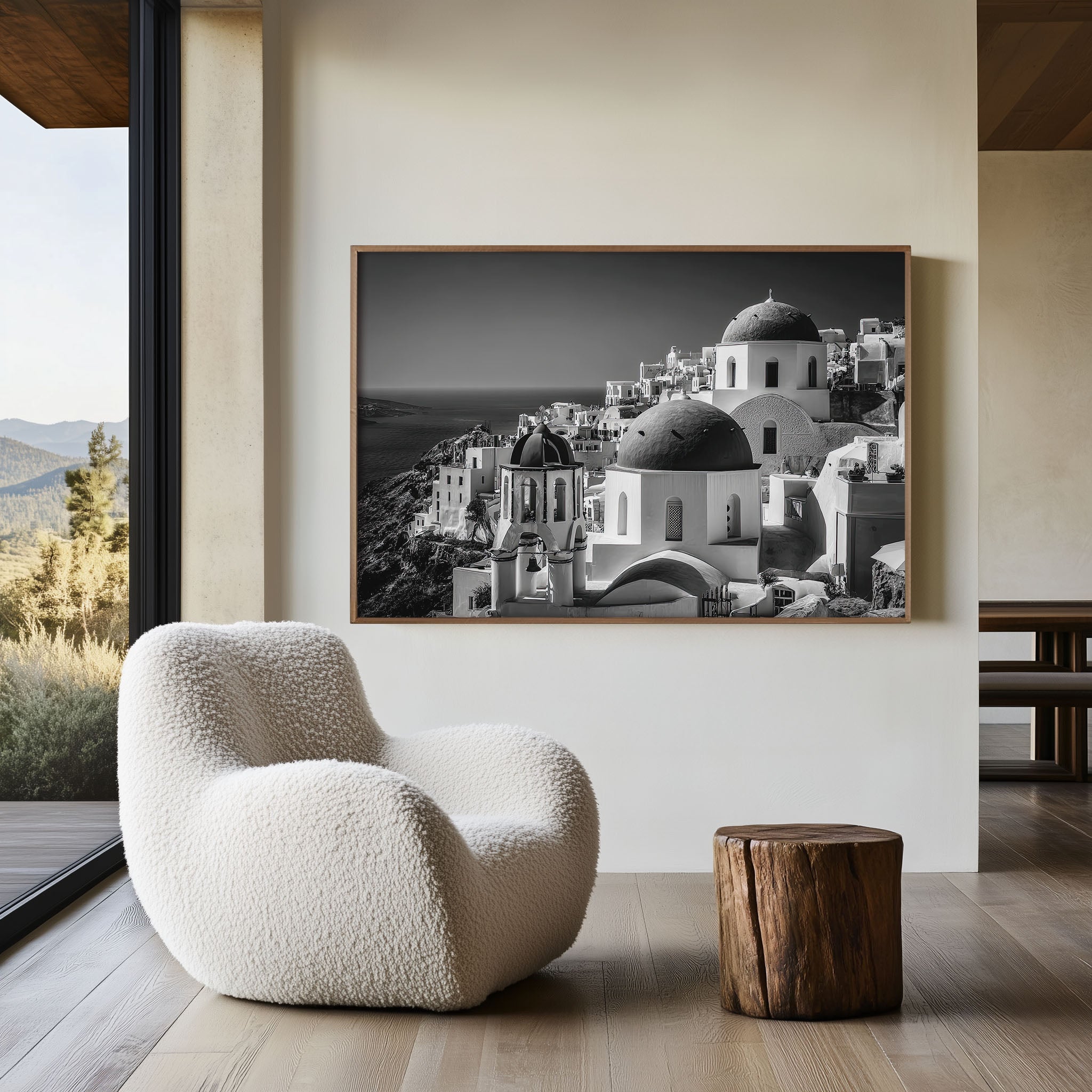 Santorini Greece Black and White Wall Art Print – Mediterranean Coastal Canvas