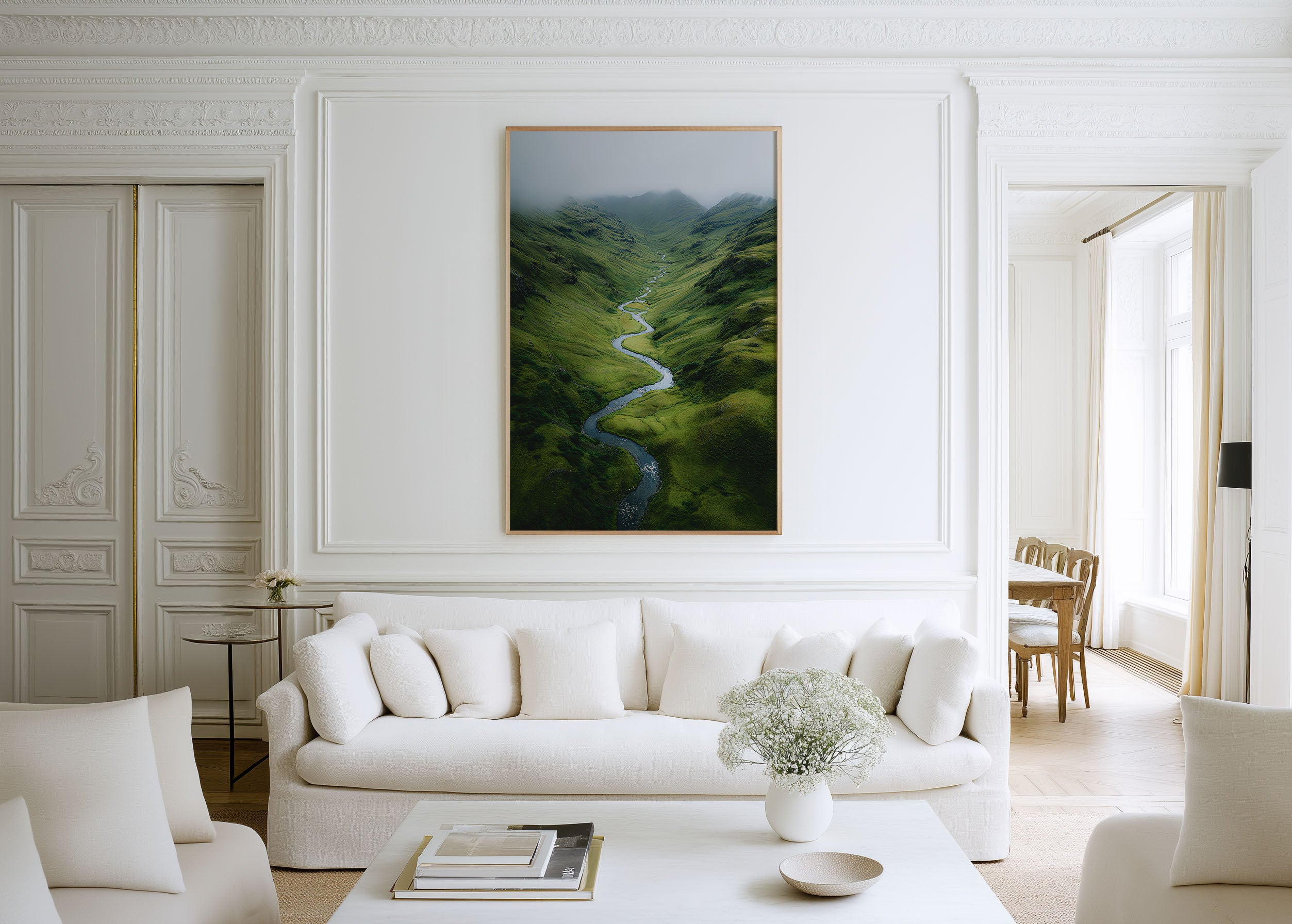 Scottish Highlands Winding River Valley Wall Art Print | Scotland Aerial Landscape Photography | Green Glen Misty Mountain Poster