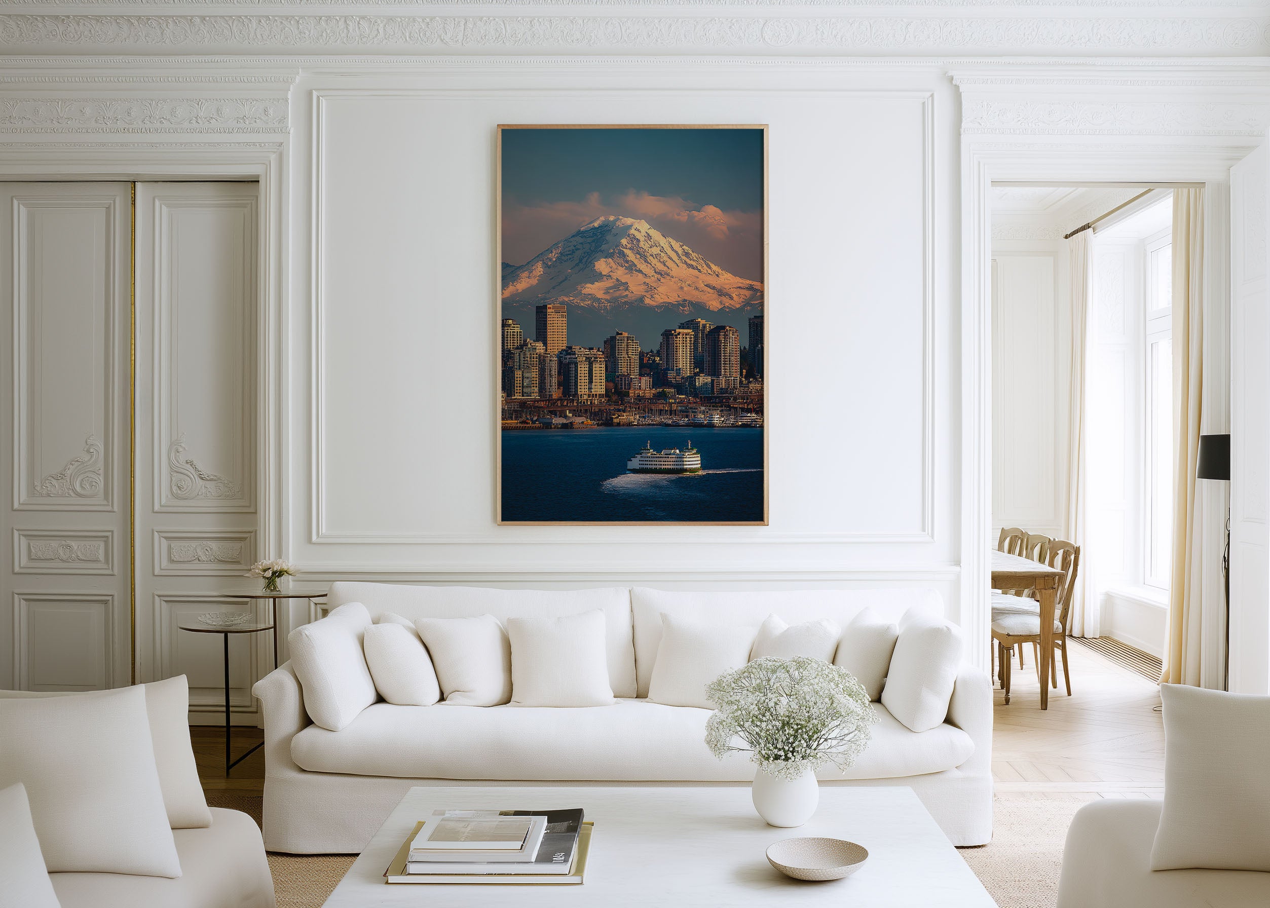 Seattle Skyline Ferry Wall Art Print | Mount Rainier Waterfront Photography | Puget Sound Washington Poster | Pacific Northwest Home Decor | City & Mountain Print