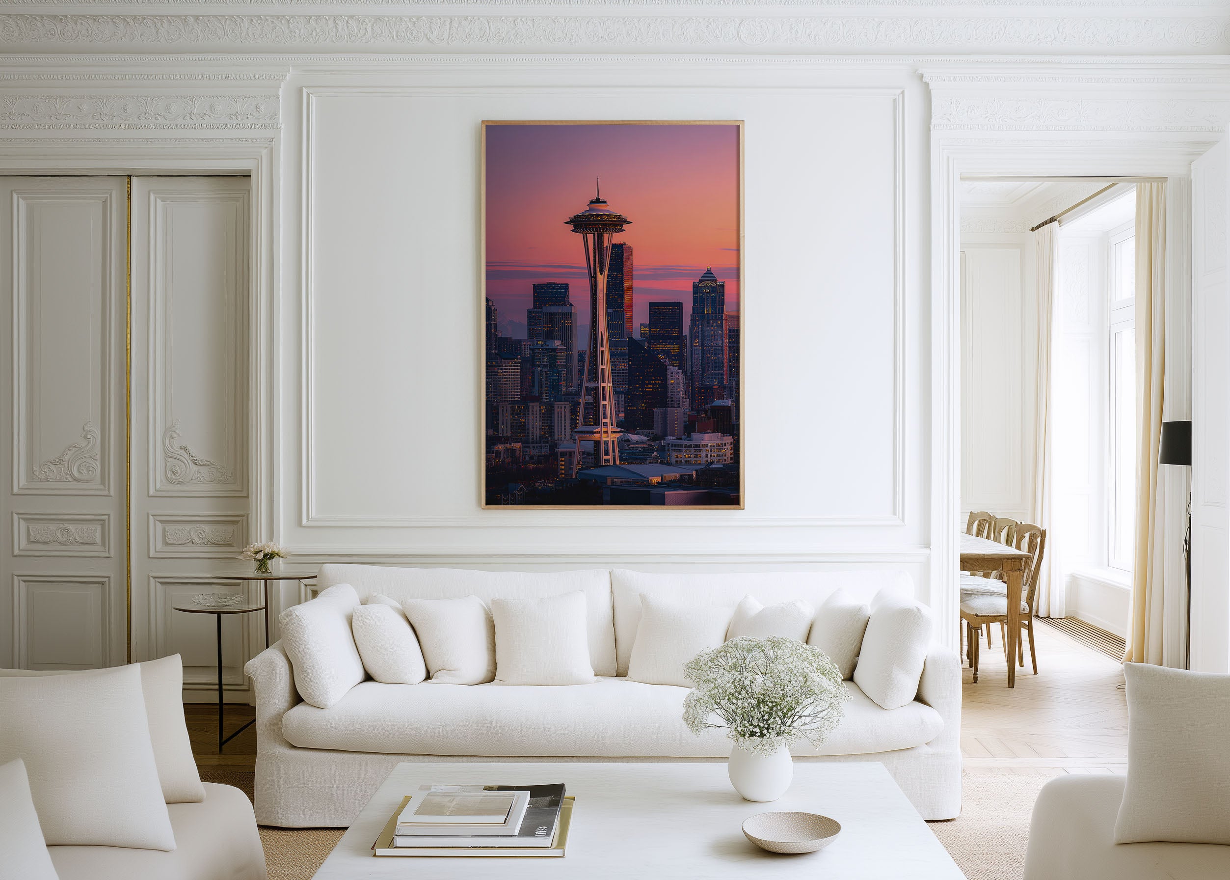 Seattle Space Needle Sunset Wall Art | Seattle Skyline Pink Sky Washington Print | Travel Photography Poster