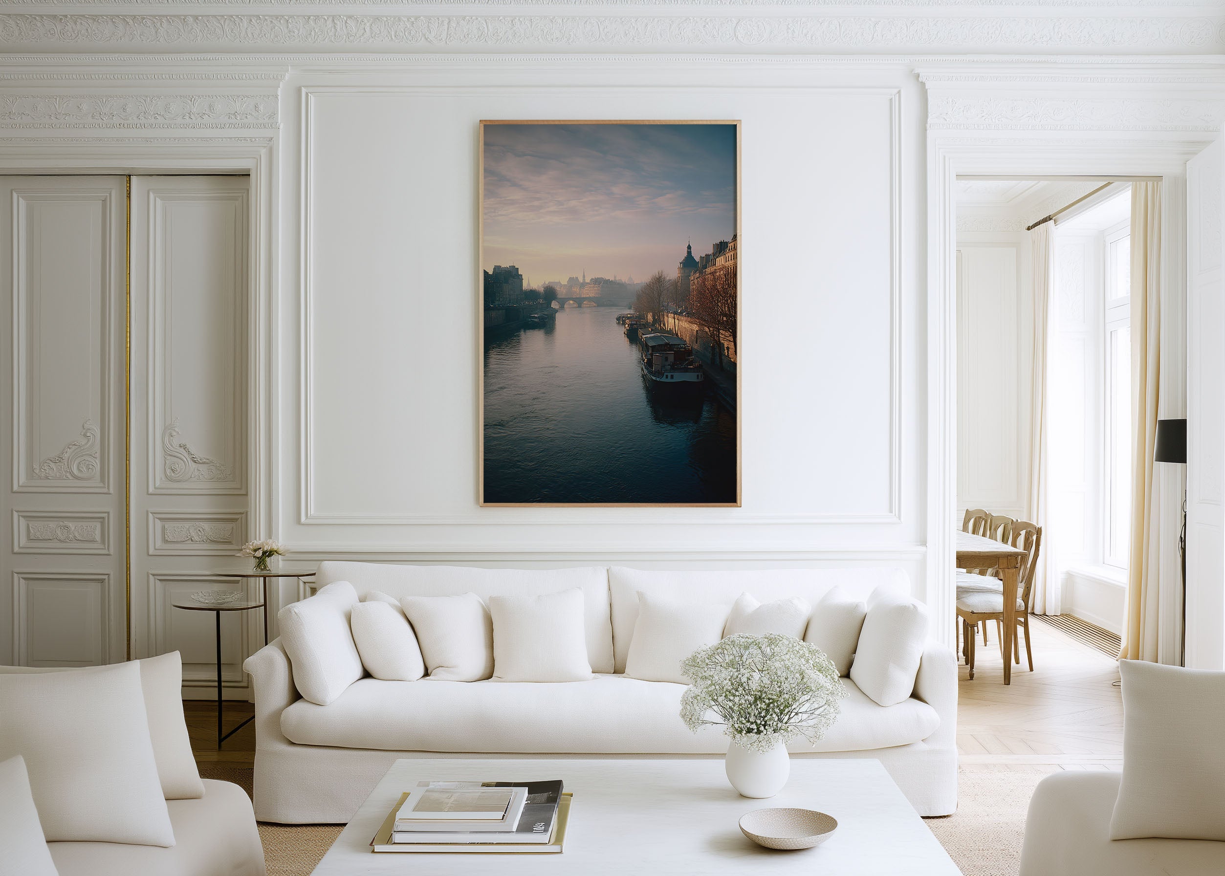 Seine River Morning Wall Art Print | Paris France Houseboat Winter Sunrise Photography | French Travel Poster | Soft Romantic Home Decor