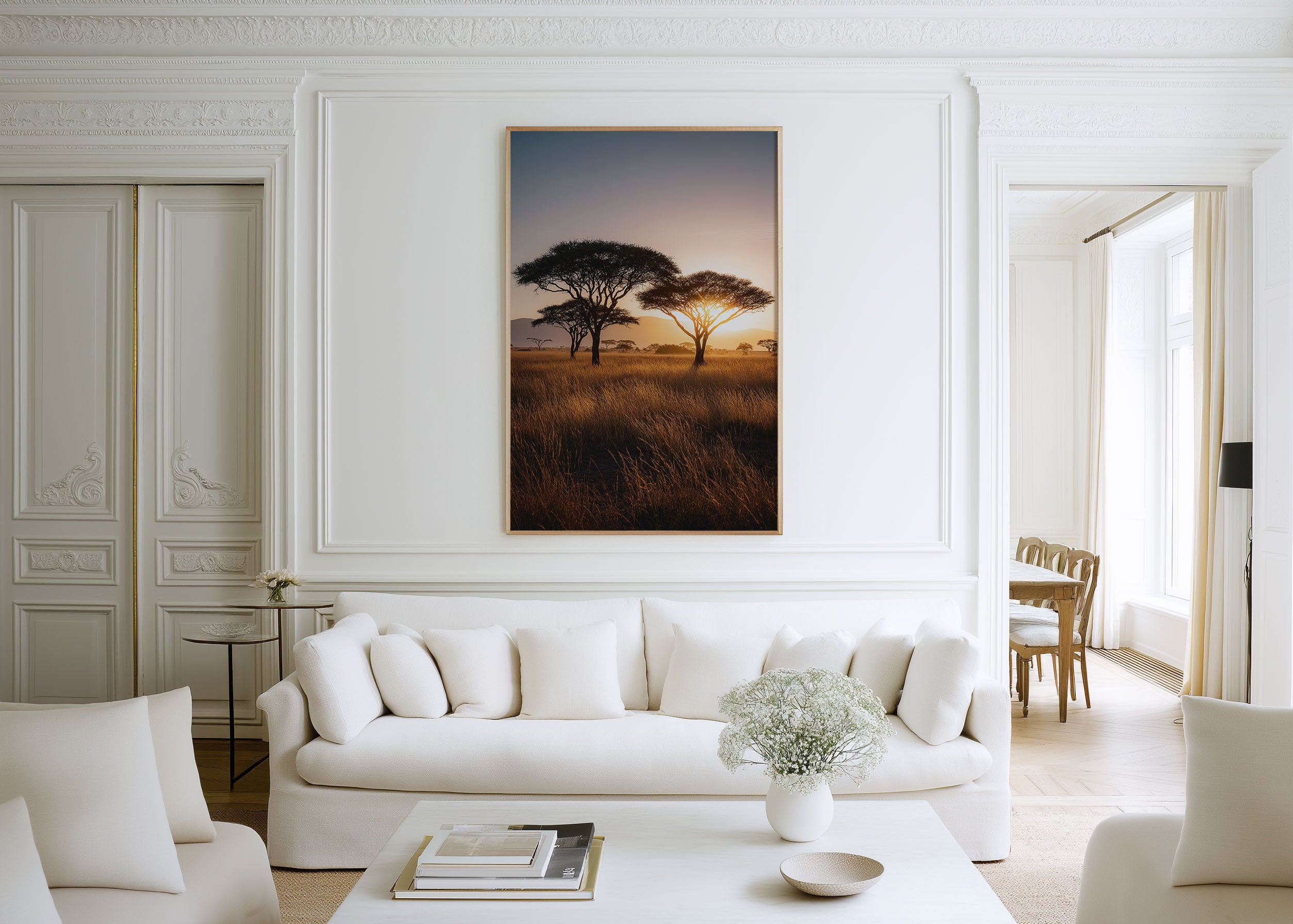Serengeti Acacia Sunrise Wall Art Print | Tanzania Africa Savanna Golden Hour Photography | East Africa Safari Travel Poster | Warm Neutral Home Decor