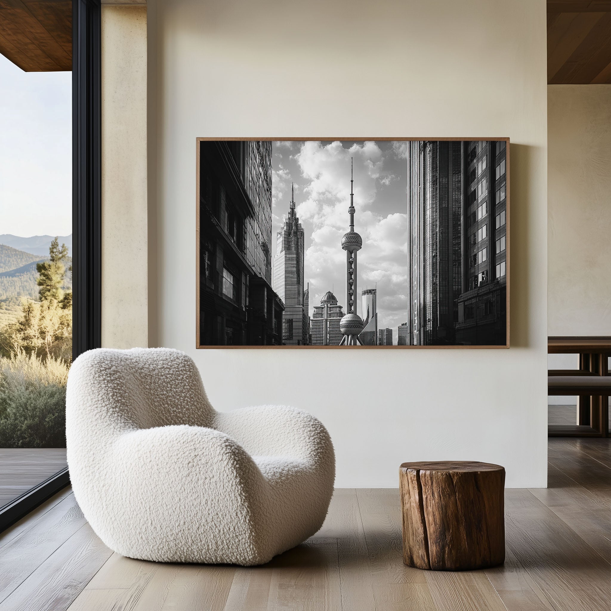 Shanghai Skyline Black & White Wall Art Print