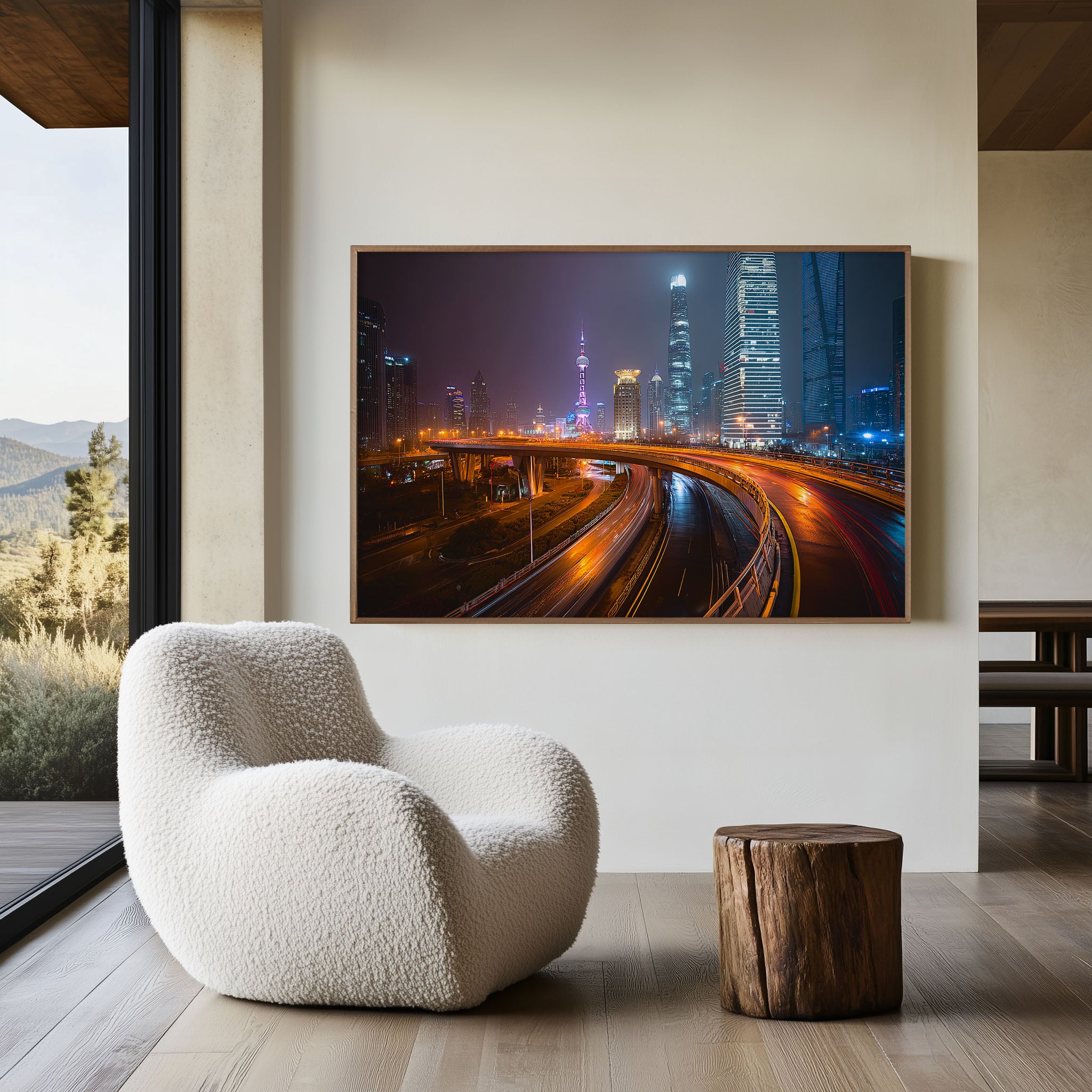 Shanghai Skyline Wall Art Print, China Night City Light Trails