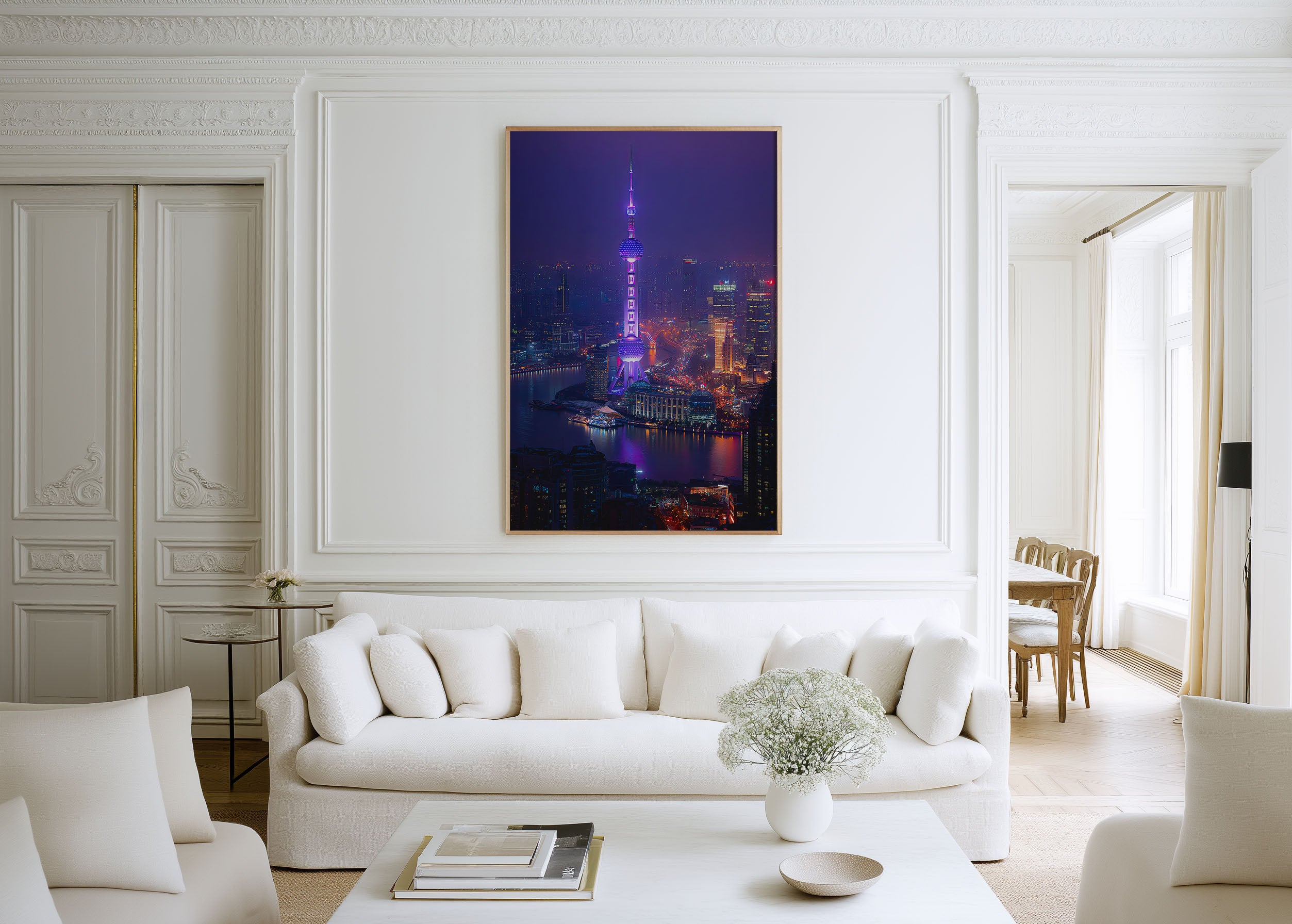 Shanghai Oriental Pearl Tower Purple Night Wall Art | Huangpu River Aerial China Print | City Lights Photography Poster