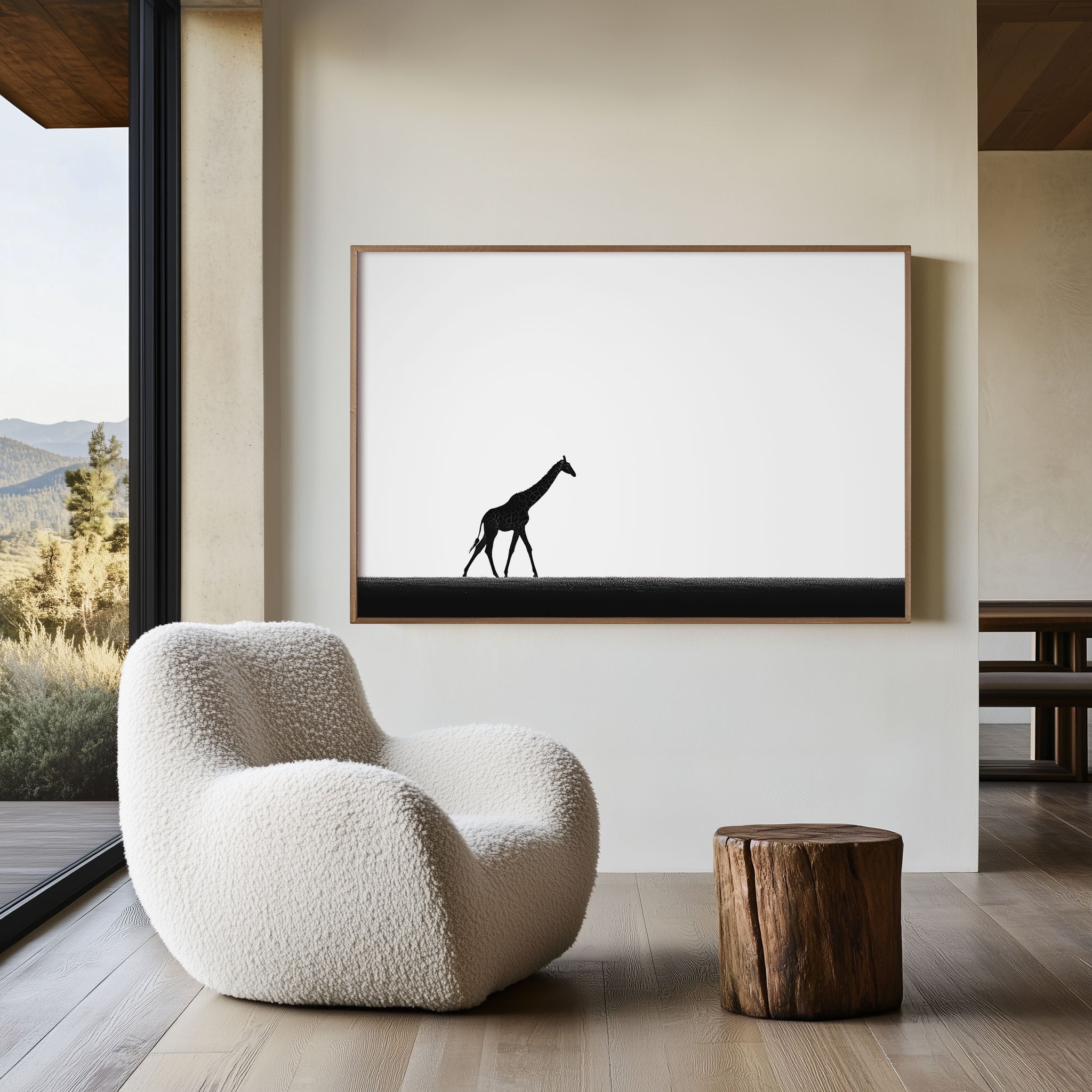 Single Giraffe Walking on Horizon | Minimalist Black & White Wildlife Fine Art Print