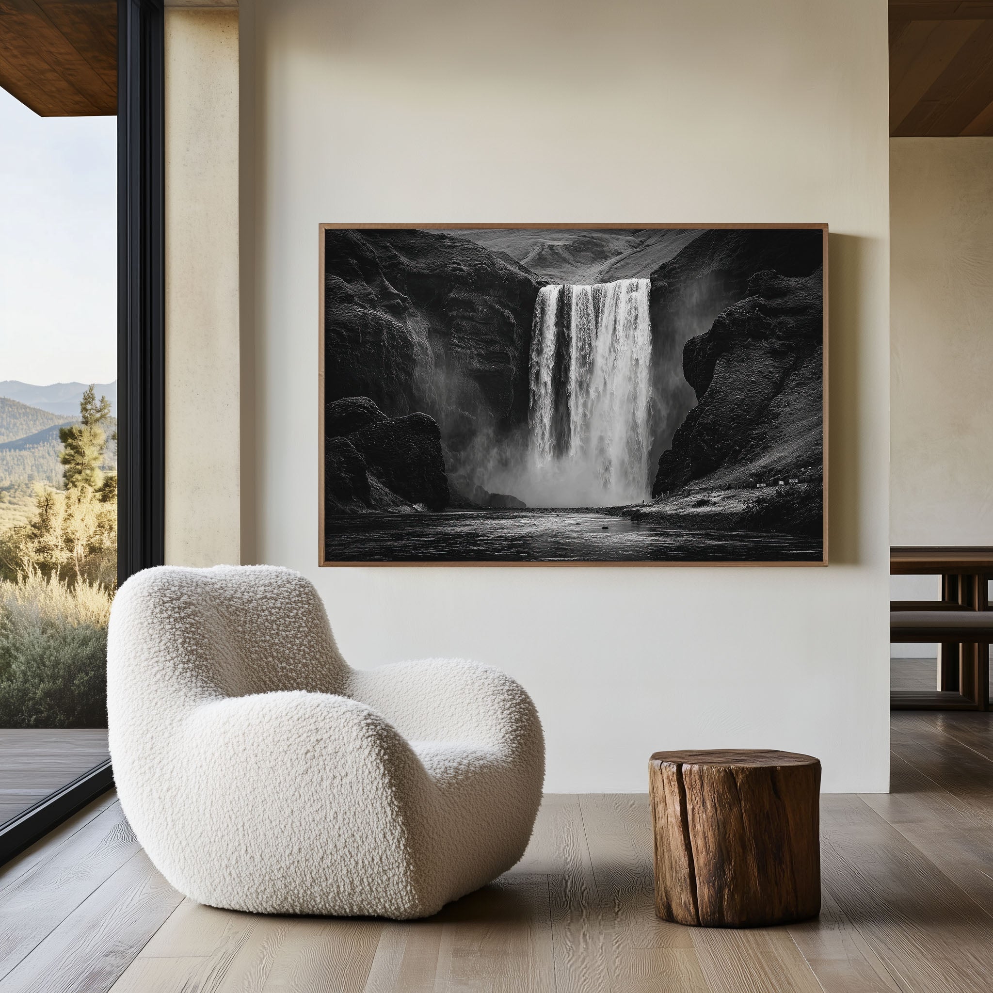 Skógafoss Waterfall Black and White Wall Art Print – Iceland Landscape Canvas