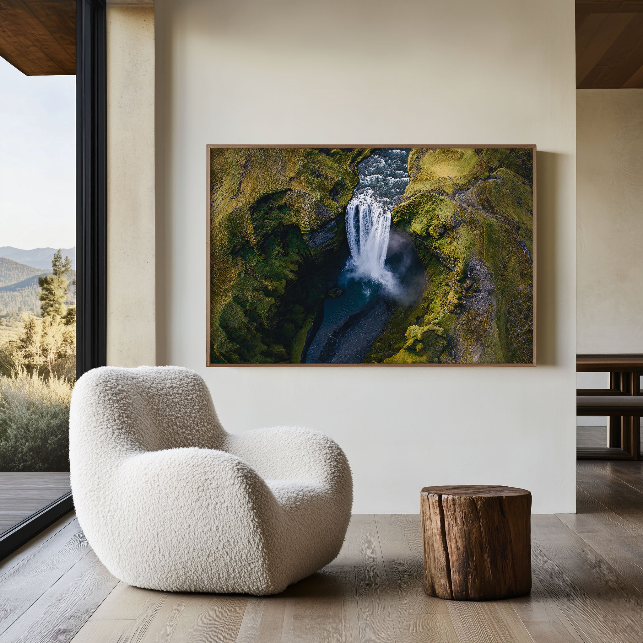 Skógafoss Waterfall Iceland Wall Art – Dramatic Aerial Nature Landscape Print
