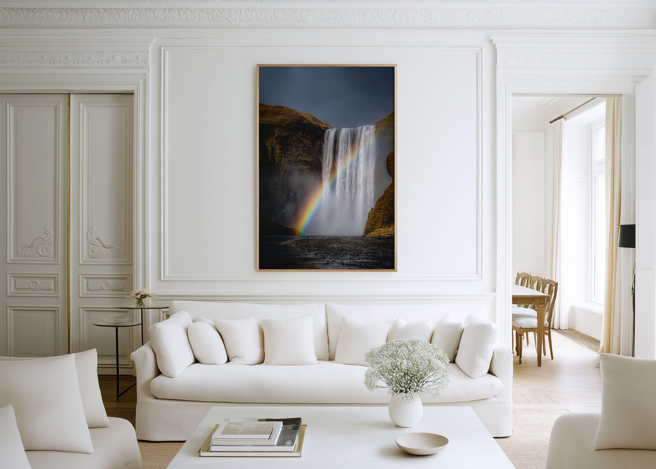 Skógafoss Waterfall Wall Art Print – Iceland Rainbow Waterfall Canvas, Dramatic Nature Landscape, Nordic Decor