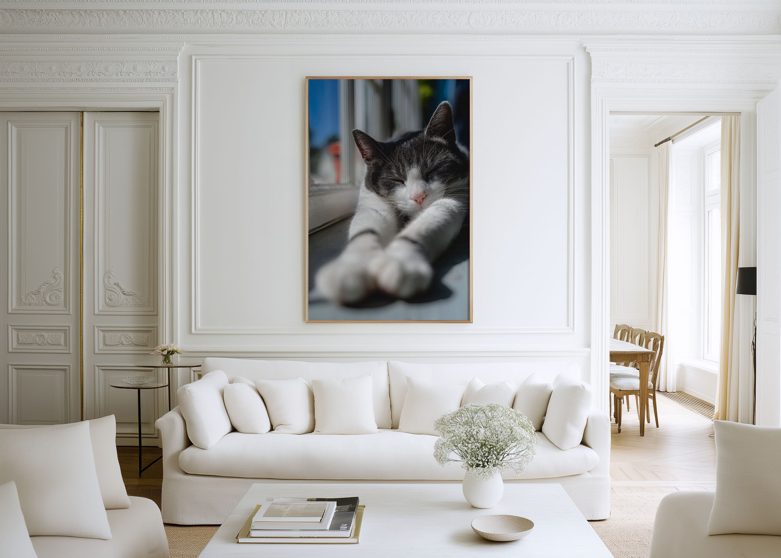 Sleeping Cat Sunbathing Wall Art | Cozy Grey & White Tabby Window Print | Cute Pet Photography Poster