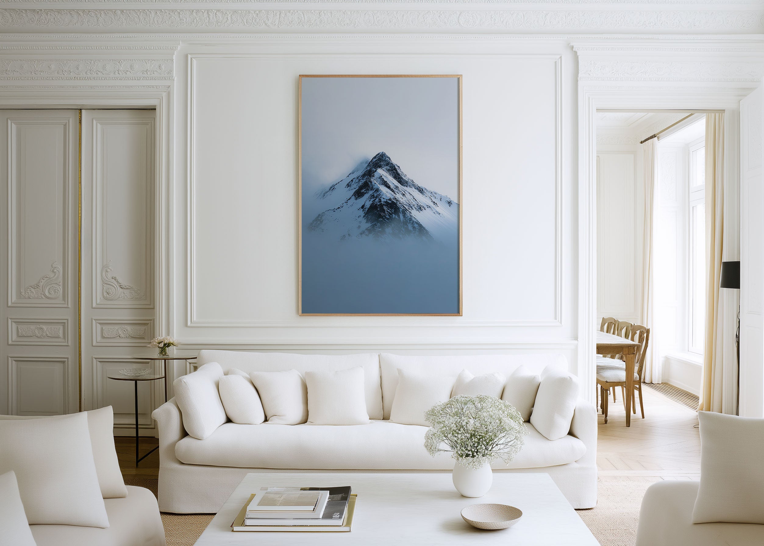 Snow-Capped Mountain Peak Print | Minimalist Alpine Mist Wall Art | Blue Mountain Photography