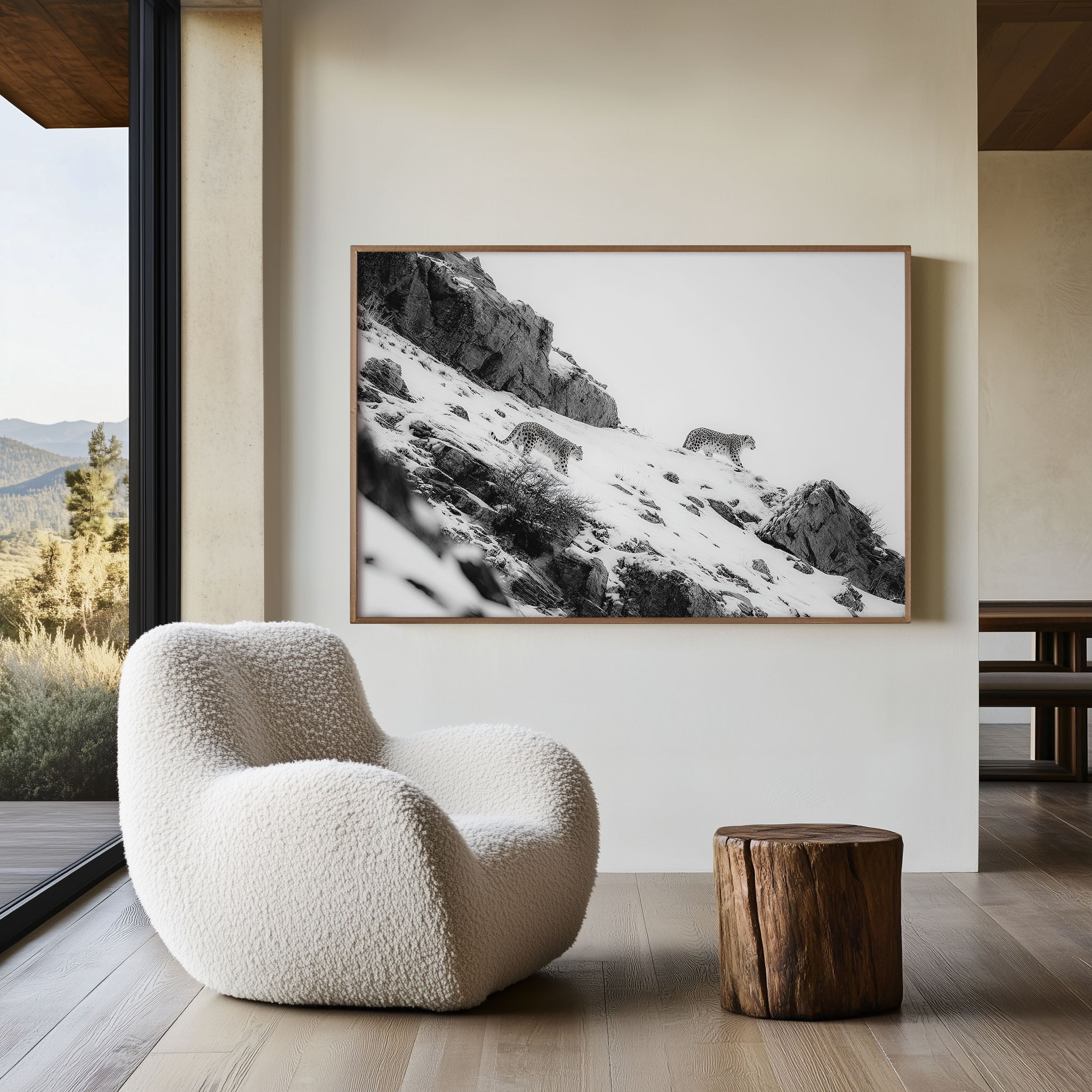 Snow Leopards in Snow Black & White Wall Art