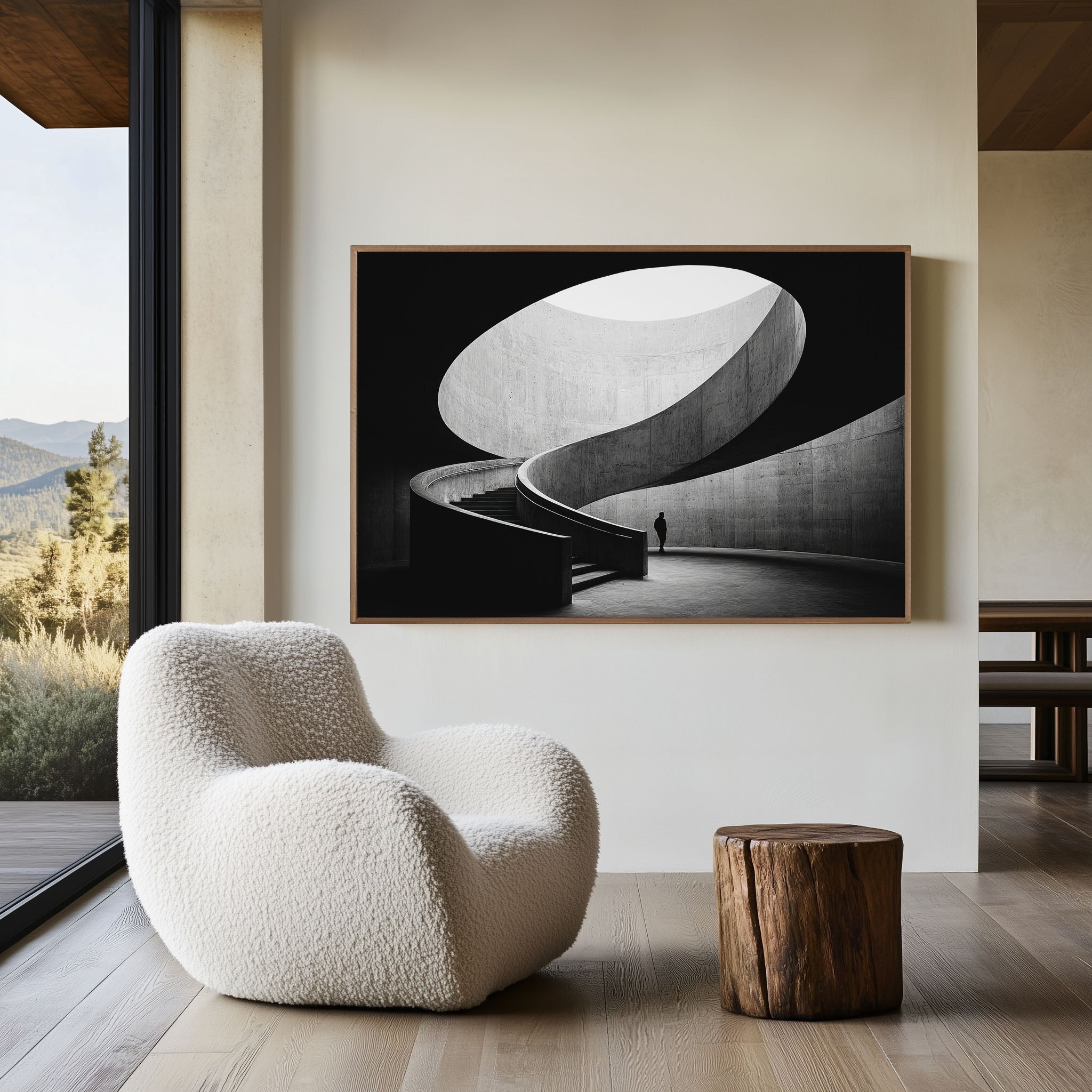 Spiral Concrete Staircase Skylight Print | Black and White Architecture Wall Art | Brutalist Interior Photography