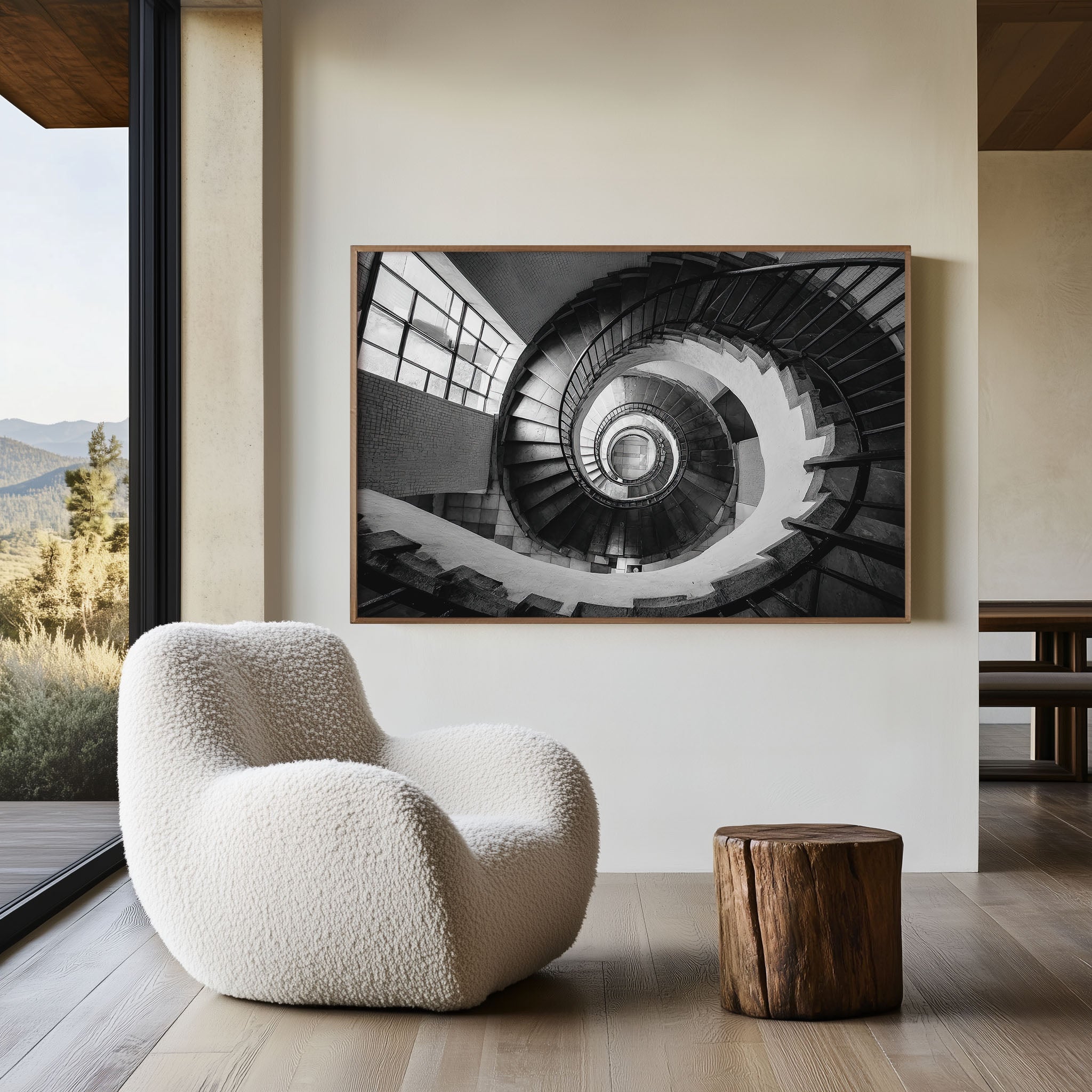 Spiral Staircase Looking Down Print | Black and White Architecture Wall Art | Vertigo Stairwell Photography