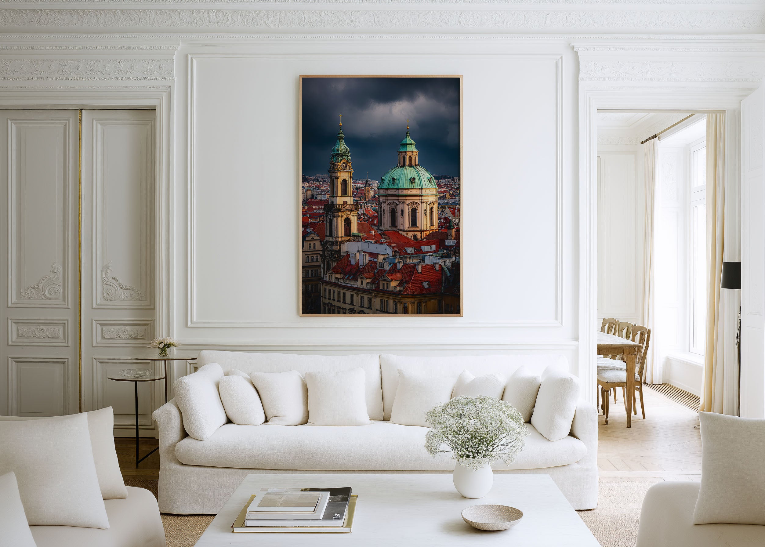 Prague Print | St Nicholas Church Under Stormy Skies | Czech Old Town Rooftops Wall Art | Europe Travel Photography Poster