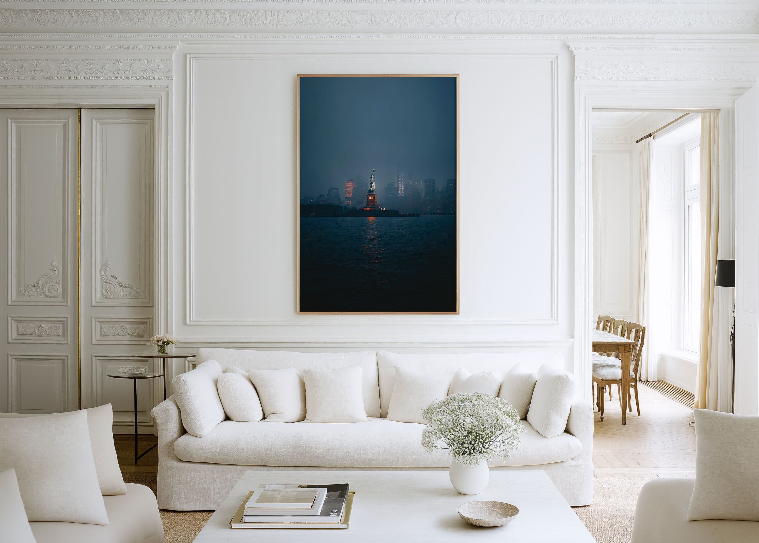 Statue of Liberty New York Night Print | Manhattan Skyline Foggy Wall Art | NYC Harbour Photography