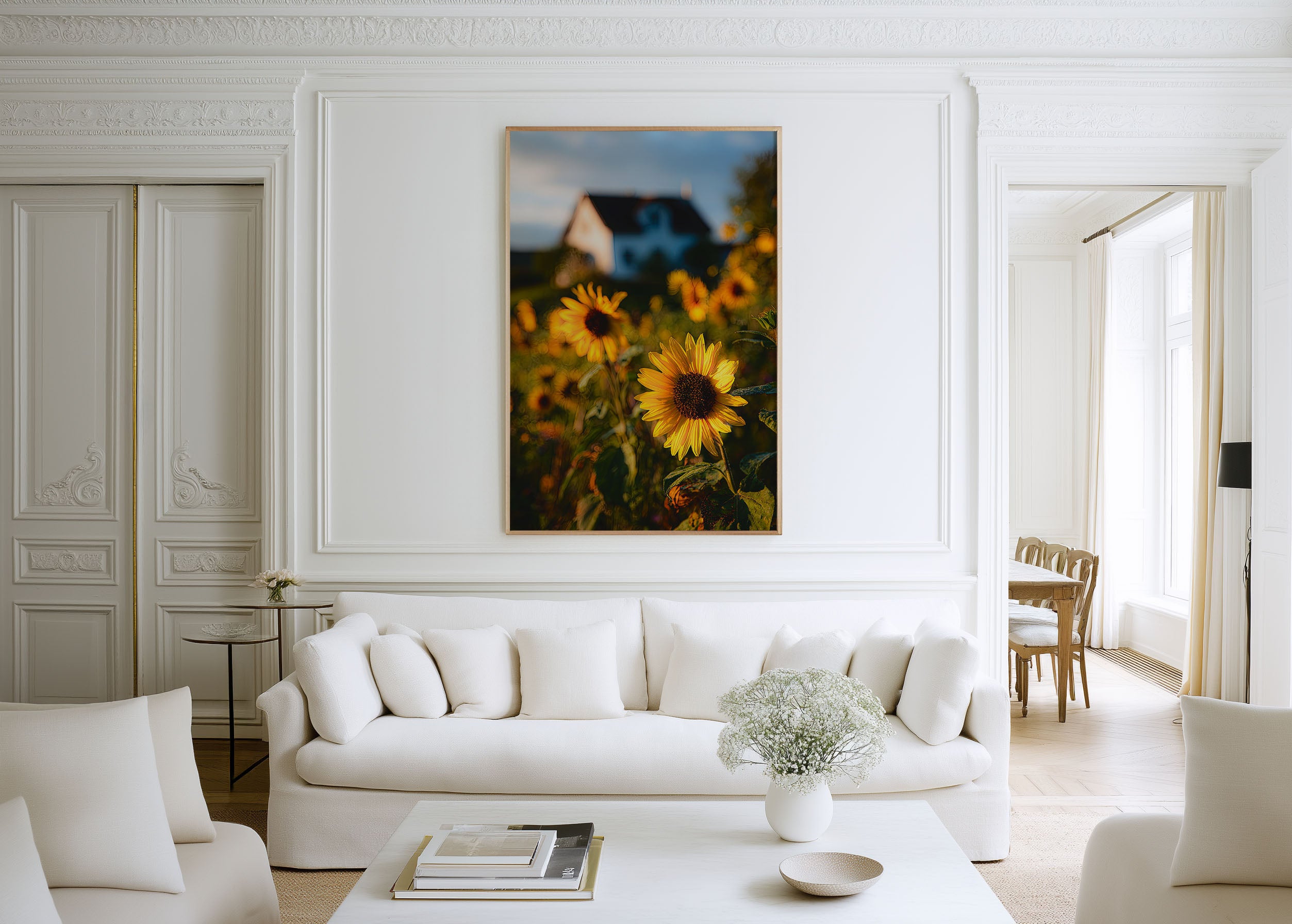 Sunflower Field Farmhouse Print | Sunflower Wall Art | Golden Sunflower Bokeh Landscape Photography Poster