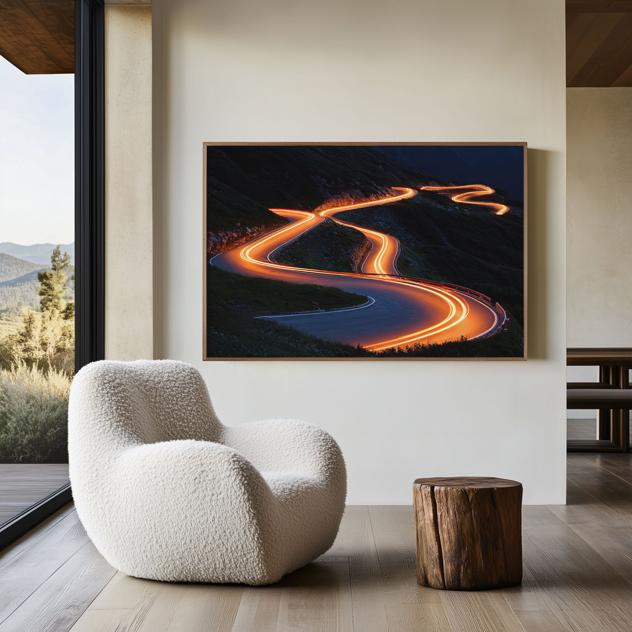 Swiss Alps Mountain Road Wall Art Print, Dramatic Light Trails