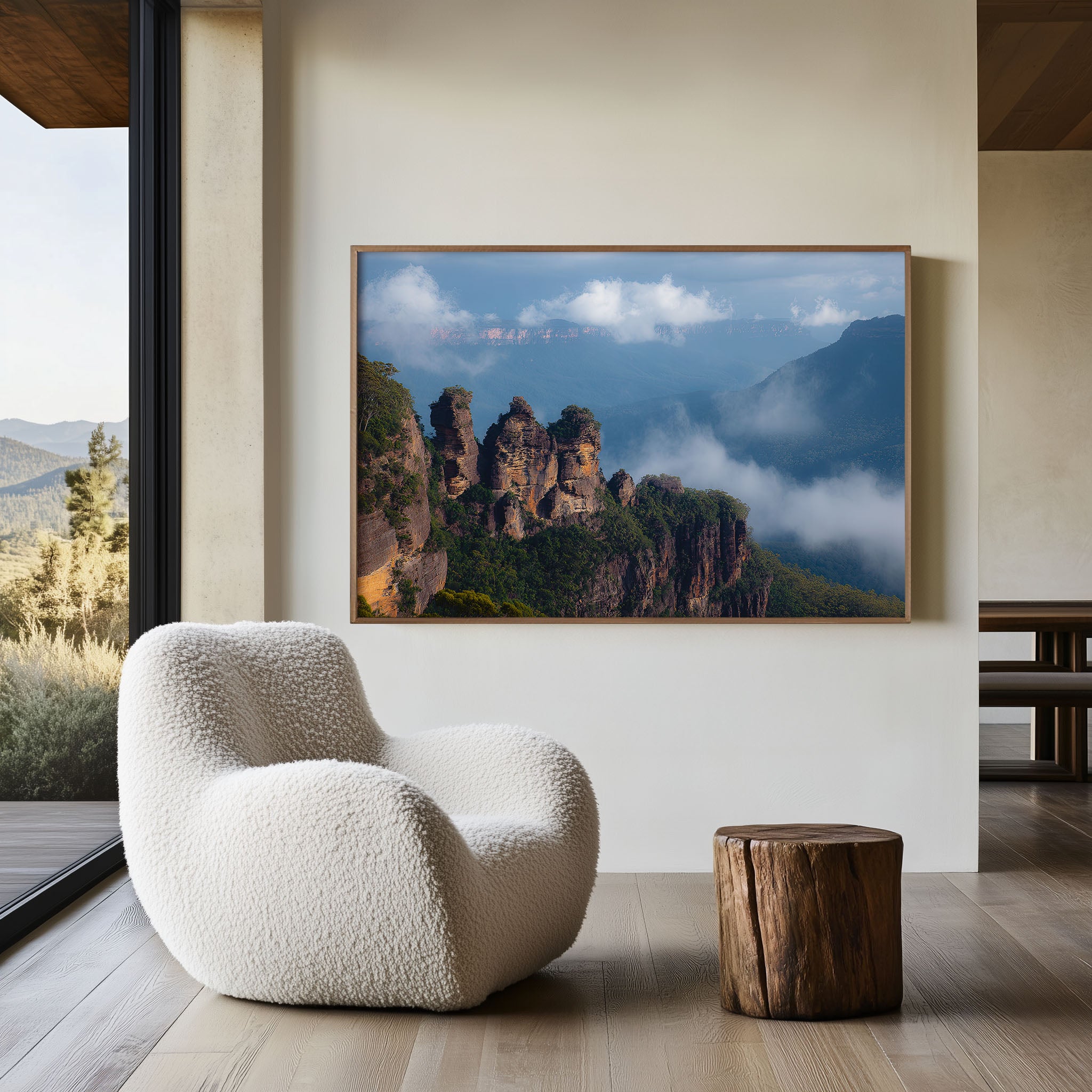 Three Sisters Blue Mountains Wall Art – Misty Morning Landscape Print, NSW Australia Mountain Photography Decor
