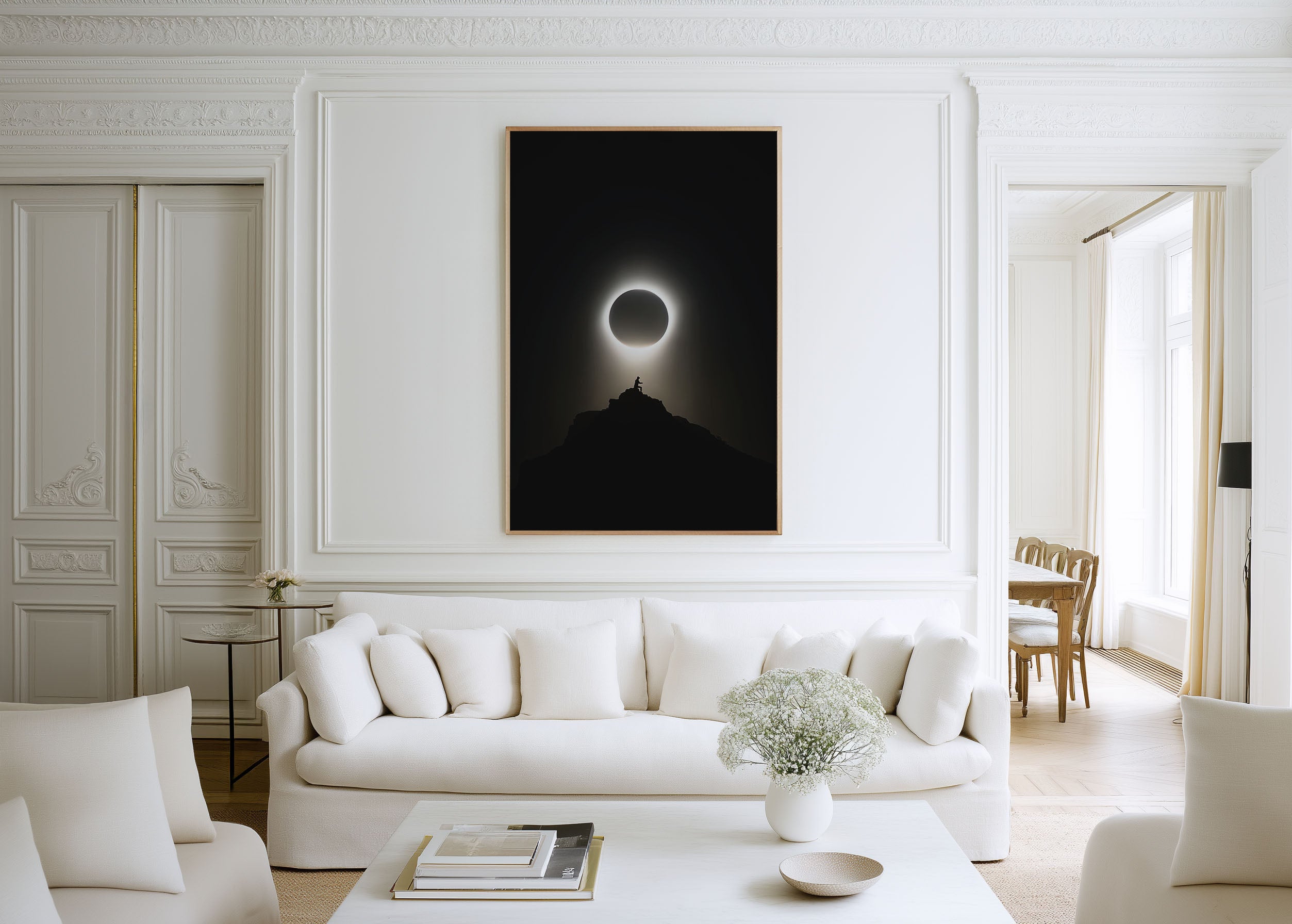 Total Solar Eclipse Print | Silhouette on Mountain Peak Wall Art | Black and White Celestial Poster | Minimalist Night Sky Print