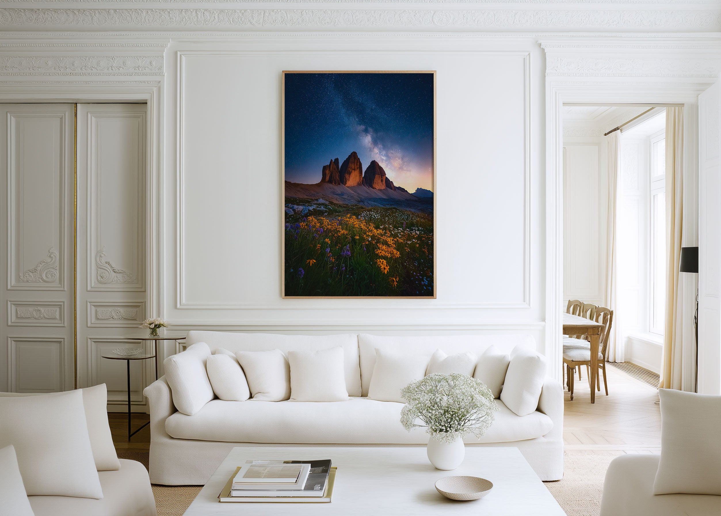 Tre Cime Milky Way Wildflowers Wall Art Print | Dolomites Italy Night Sky Photography | Three Peaks Stars Galaxy Flower Poster