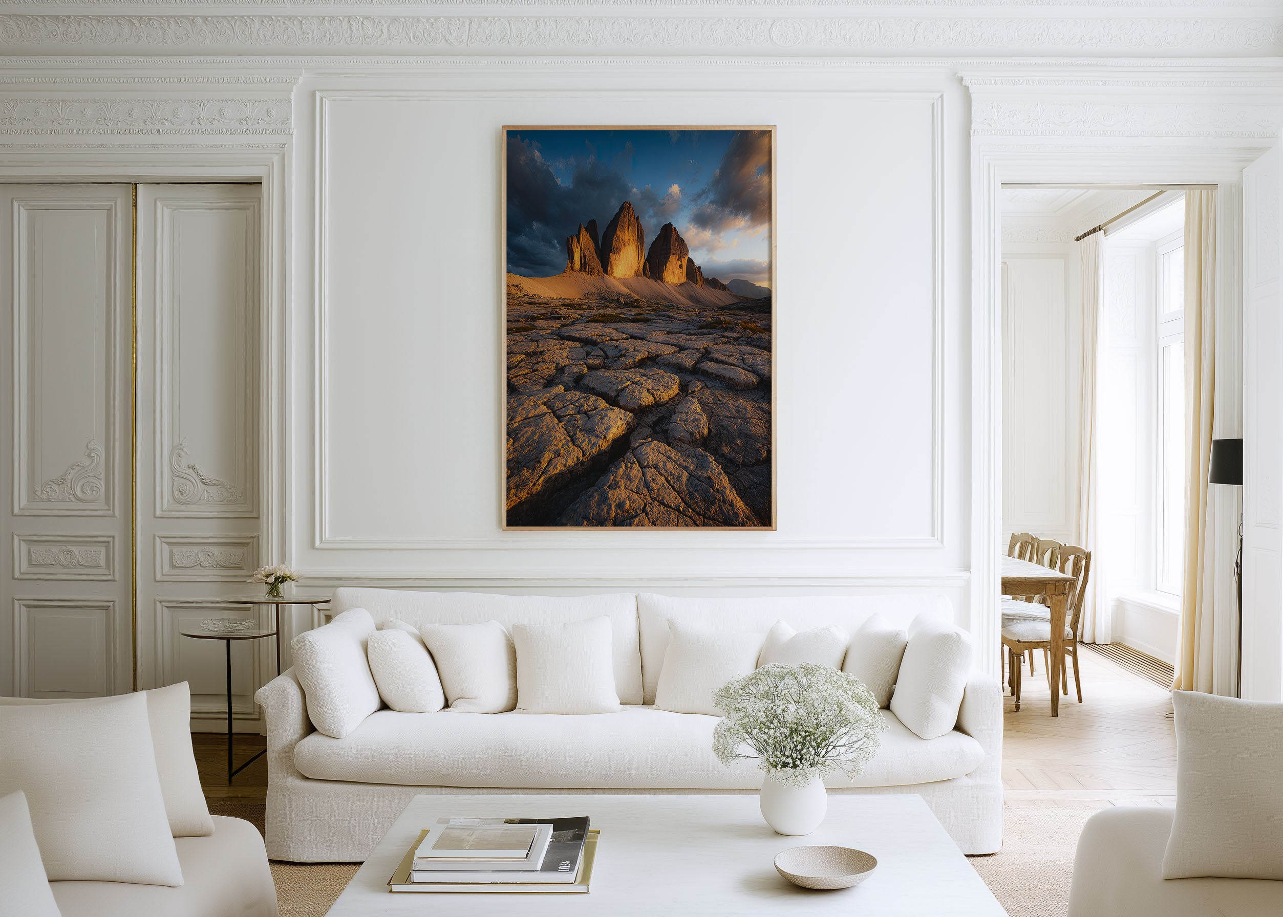 Tre Cime di Lavaredo Sunset Print | Dolomites Italy Wall Art | Three Peaks Cracked Rock Golden Hour Landscape Photography Poster