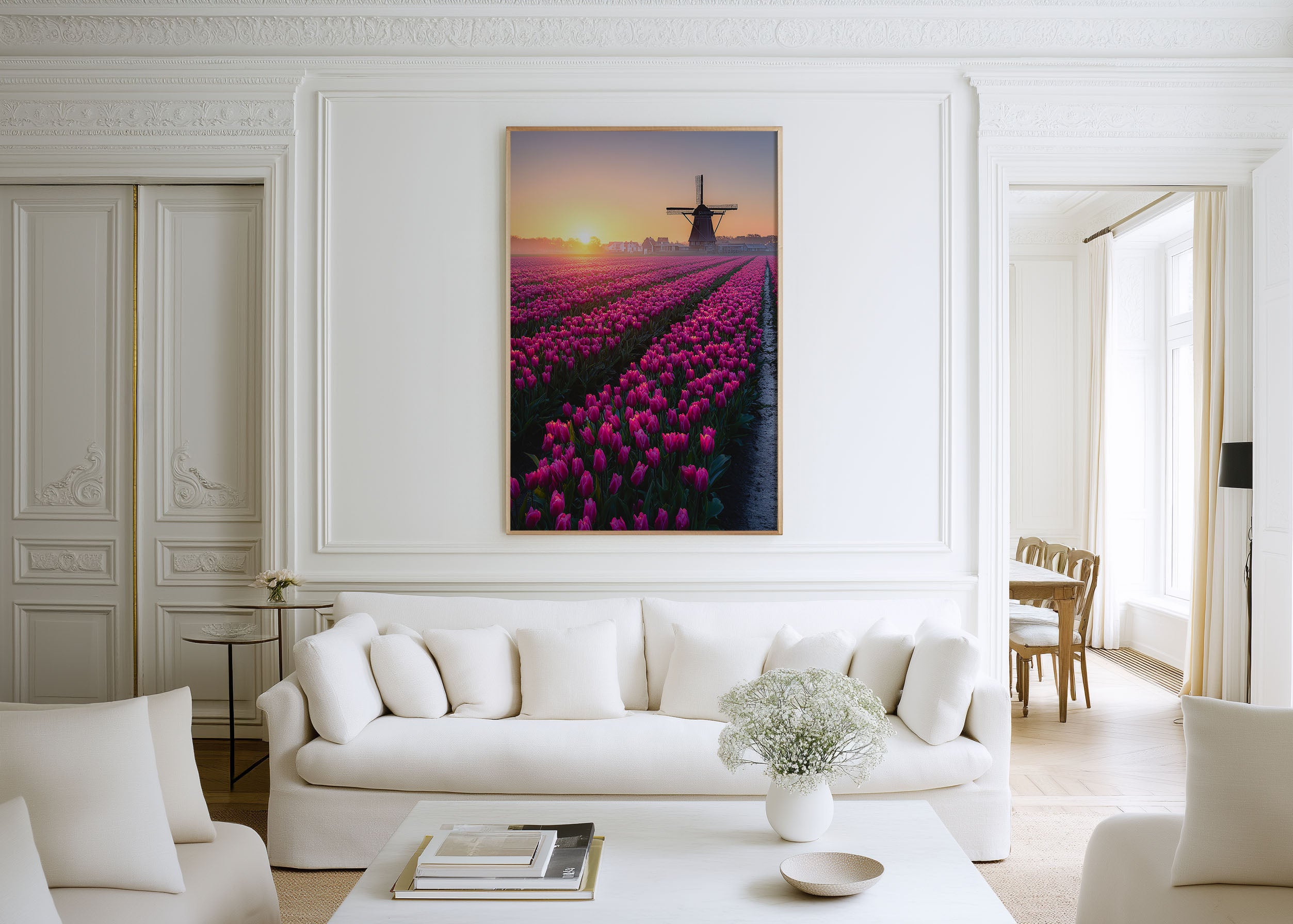 Dutch Tulip Field Windmill Sunrise Print | Netherlands Holland Wall Art | Pink Tulip Field Landscape Photography Poster