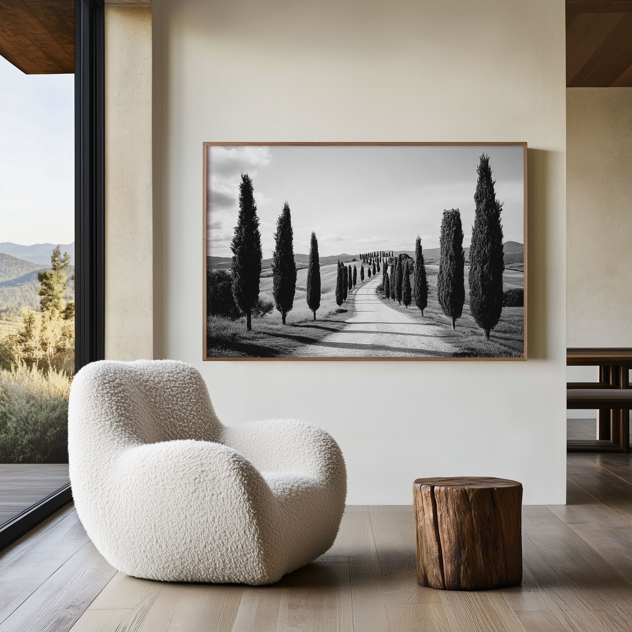 Tuscany Cypress Tree Road Italy Wall Art Print, Black and White Val d'Orcia Landscape