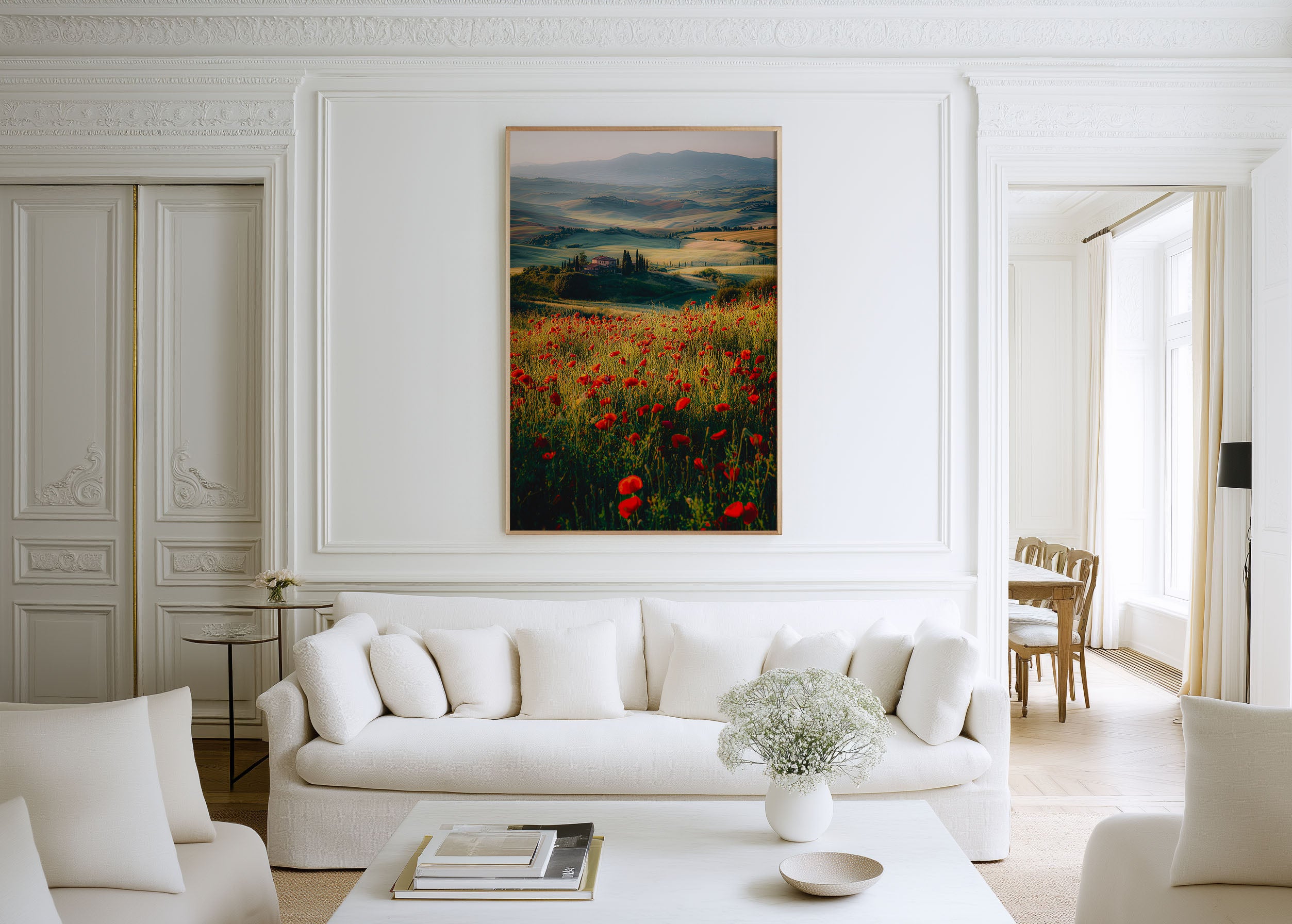 Tuscany Poppy Field Morning Wall Art Print | Val d'Orcia Italy Landscape Photography | Red Wildflower Countryside Poster