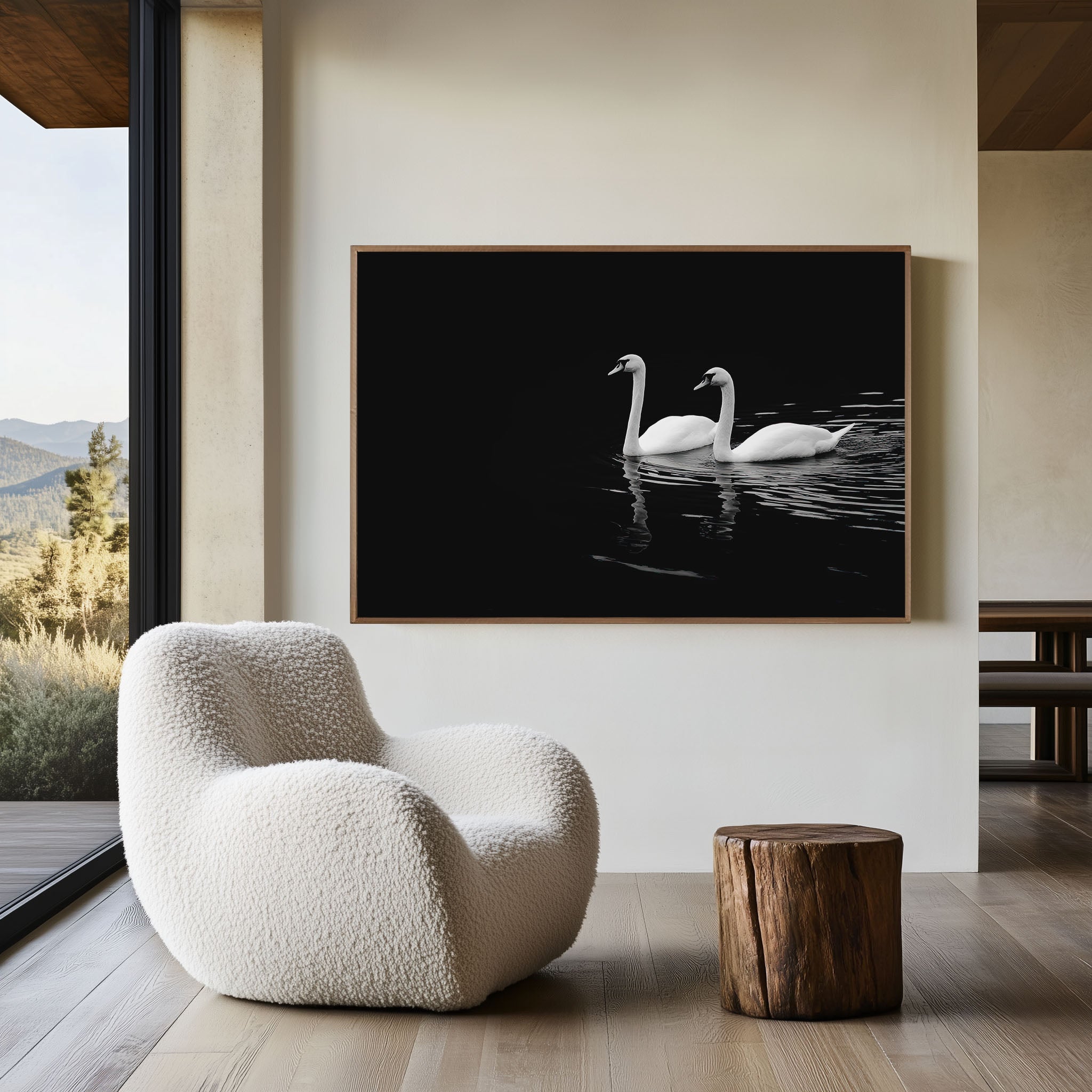 Two Swans on Dark Water | Black & White Fine Art Wildlife Photography Print