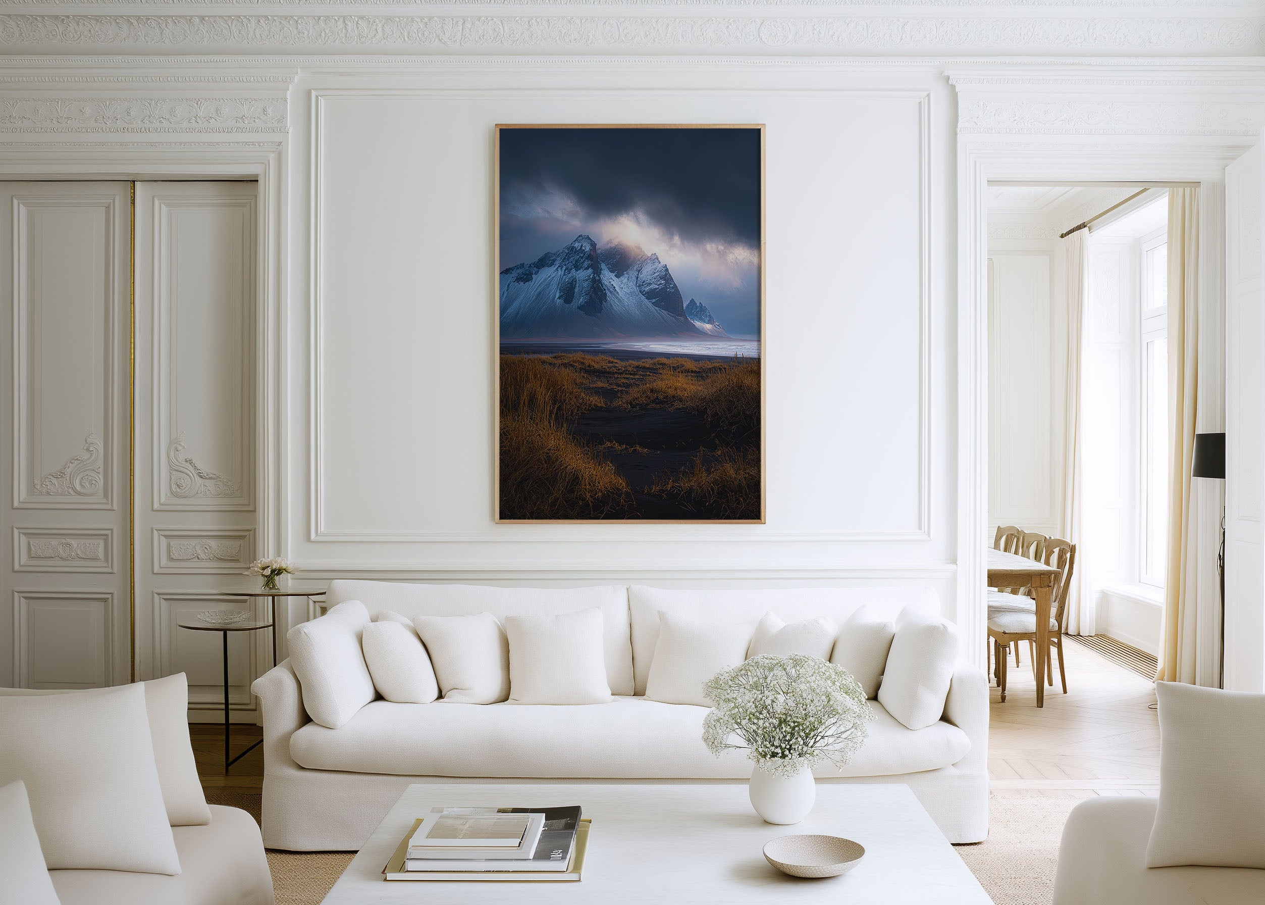 Vestrahorn Winter Storm Wall Art Print | Stokksnes Iceland Snow Mountain Photography | Black Sand Dune Grass Dramatic Poster