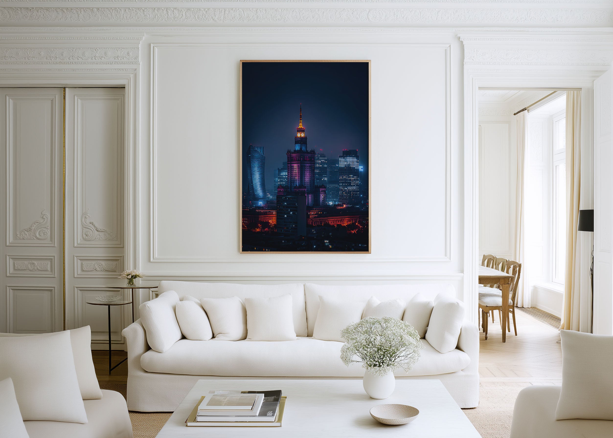 Warsaw Palace of Culture Night Wall Art | Poland Skyline Neon Print | City Lights Photography Poster