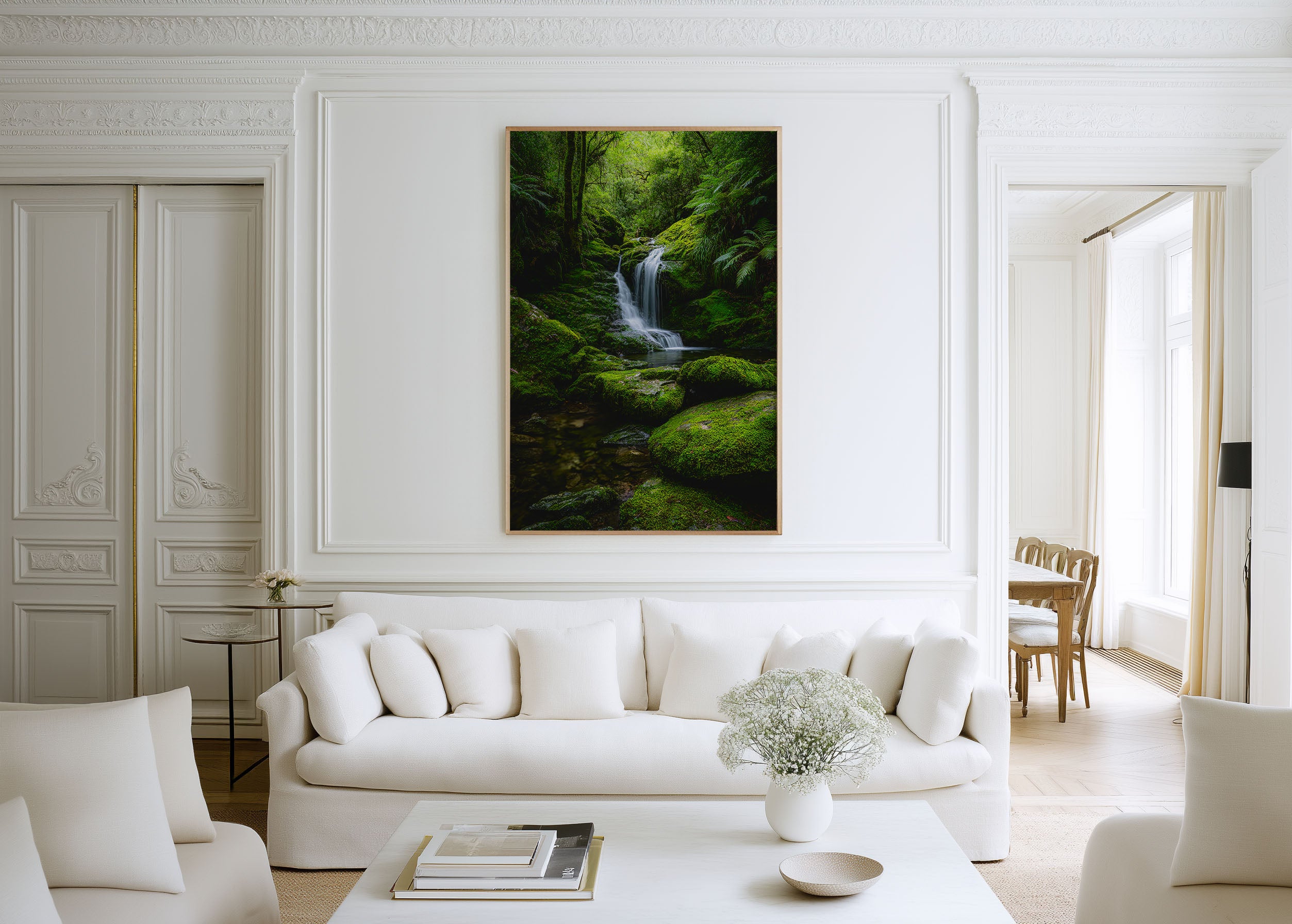 Rainforest Waterfall Moss Wall Art Print | New Zealand Tasmania Wilderness Photography | Lush Green Fern Cascade Poster