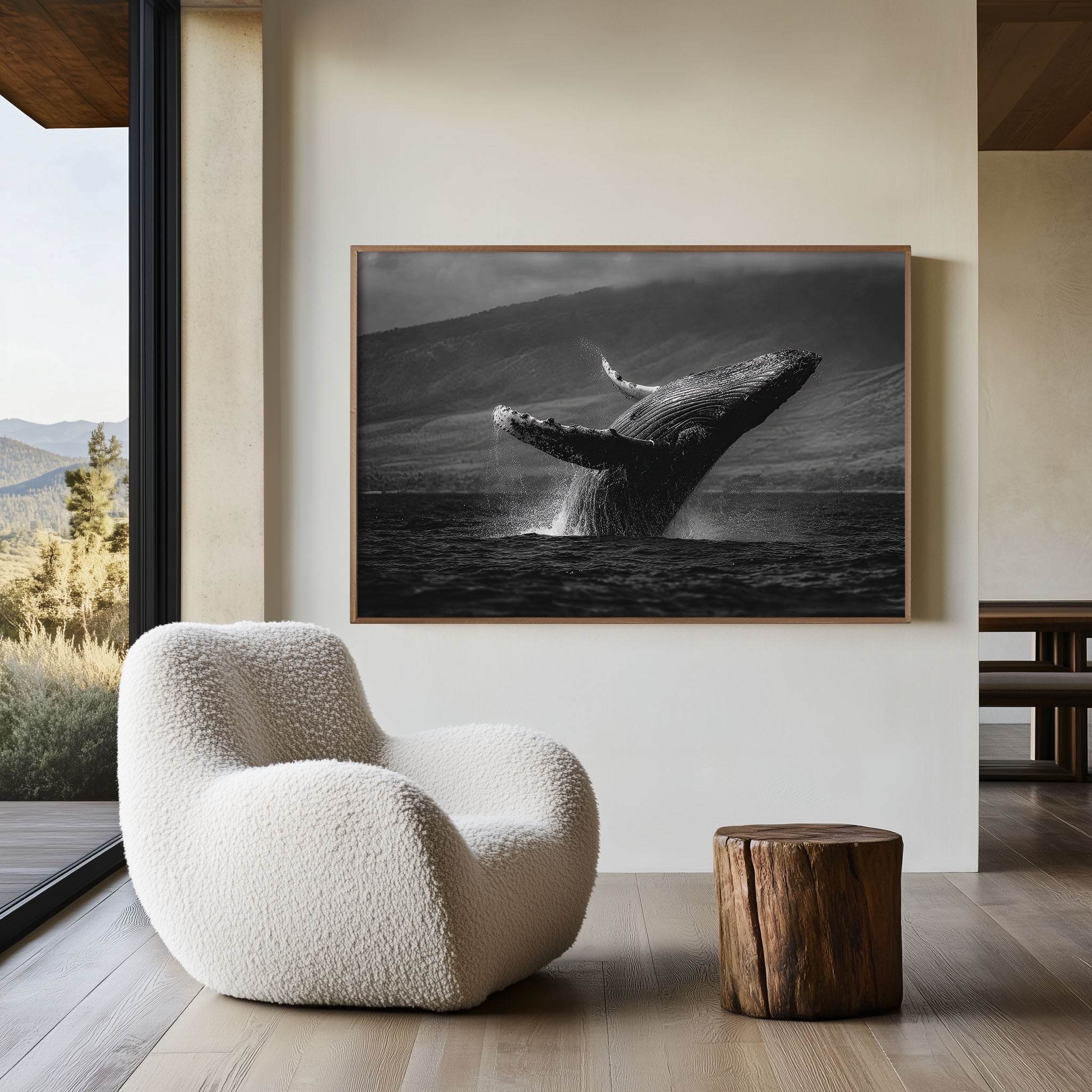 Whale Breach Black and White Wall Art Print – Dramatic Ocean Canvas