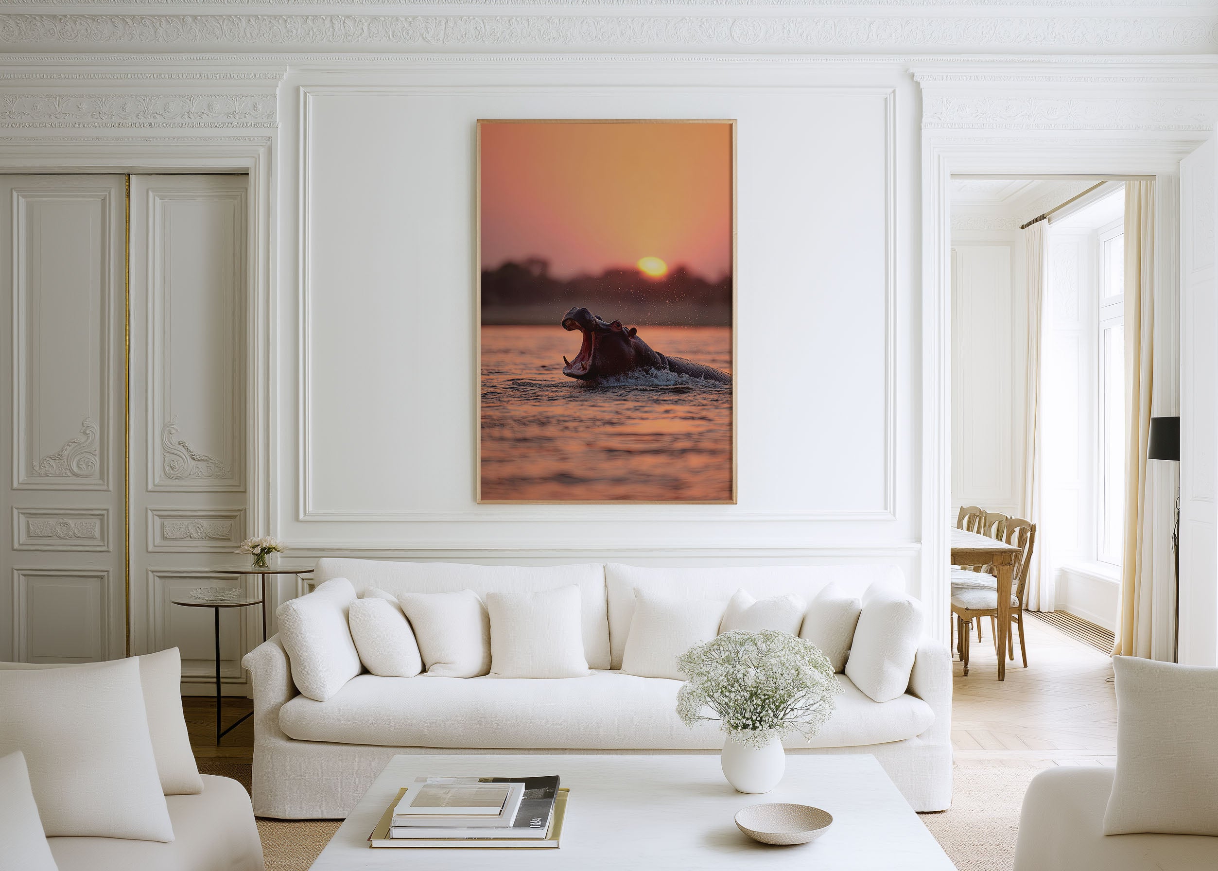 Hippo Sunset Wall Art Print – African Wildlife Canvas, Dramatic River Safari Decor